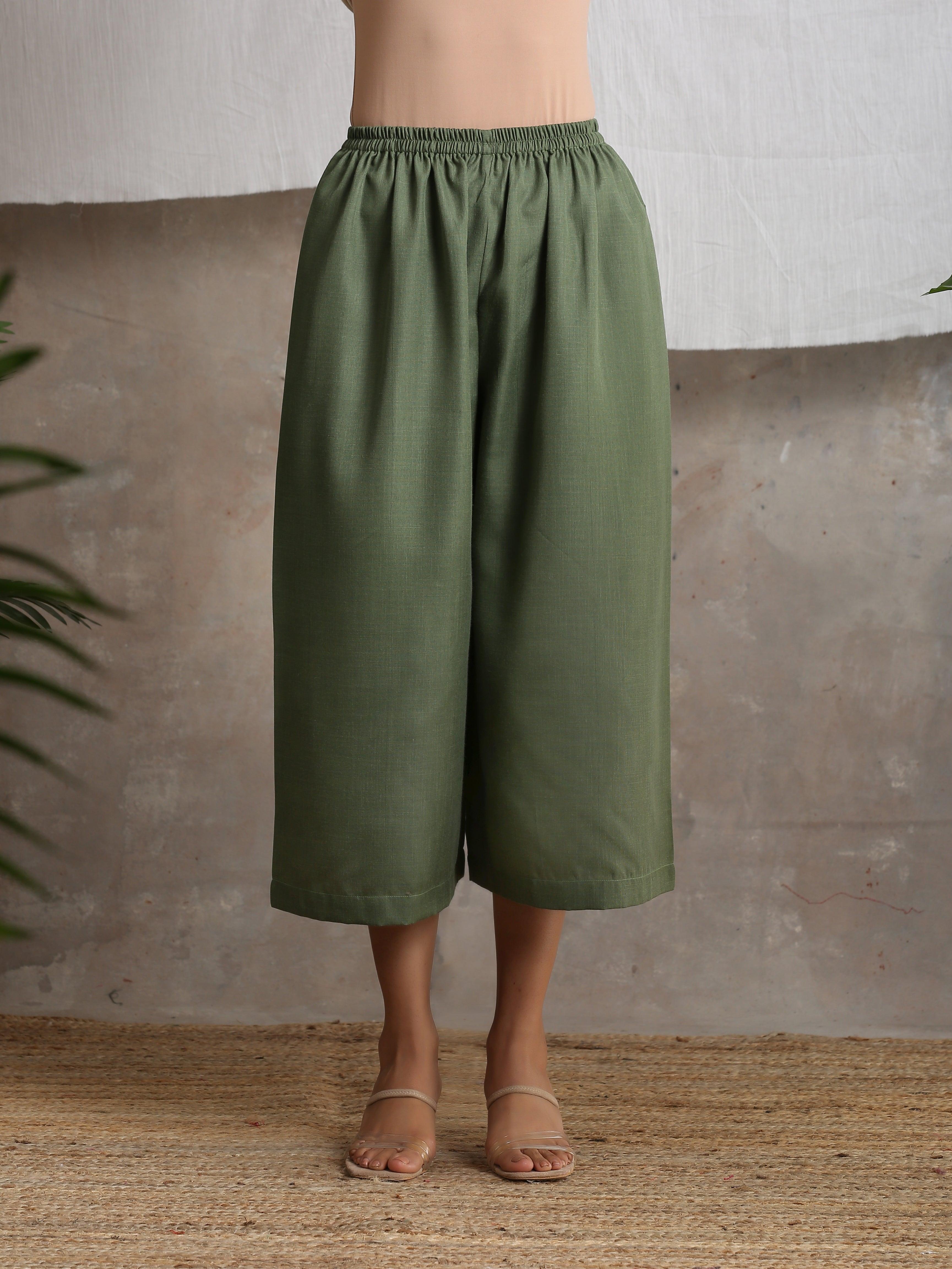 Cotton Linen Olive Green Palazzo - trueBrowns