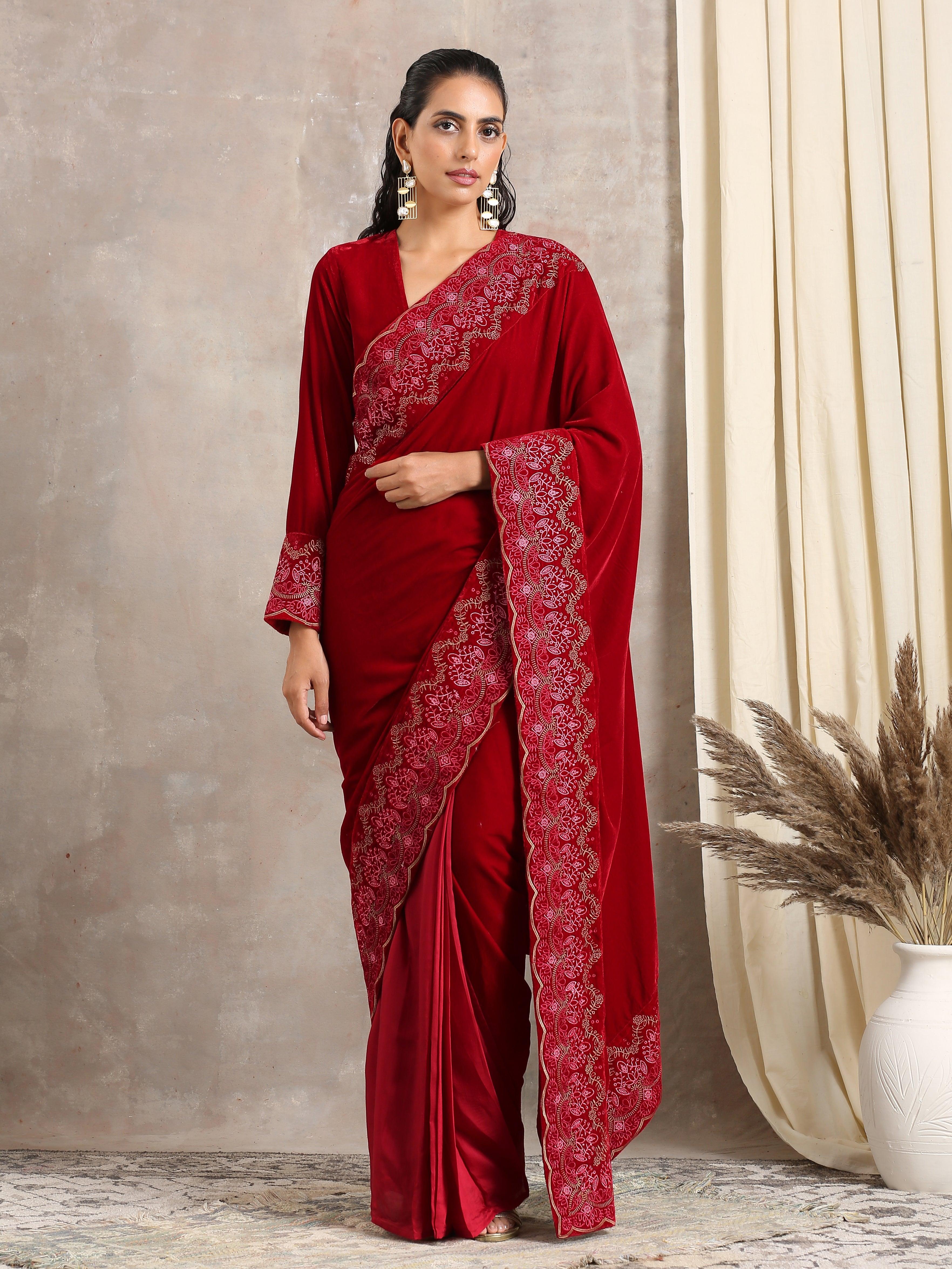 Red Velvet Silk Embroidered Ready To Wear Saree