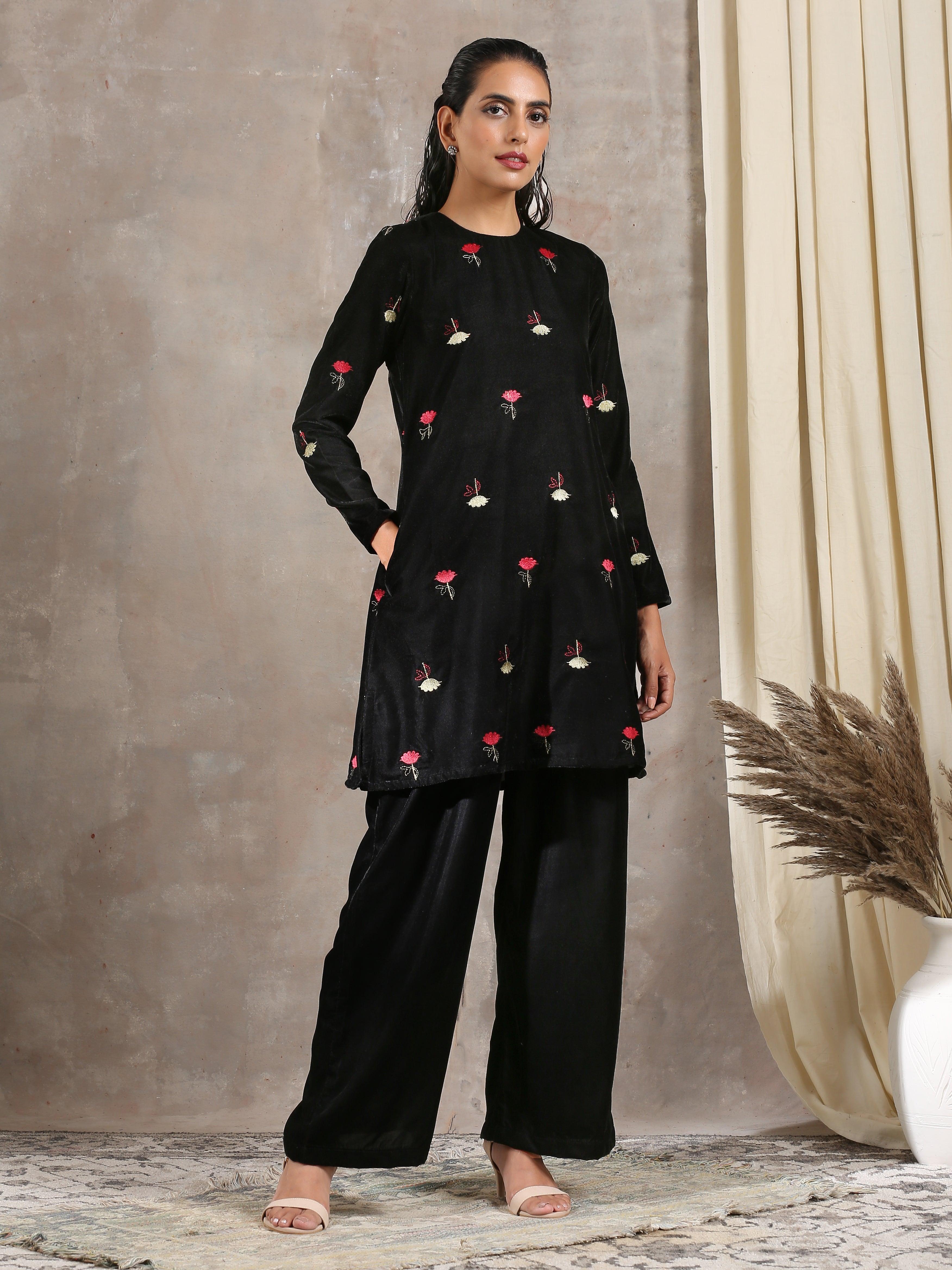 Black Velvet Embroidered Short Kurta - trueBrowns