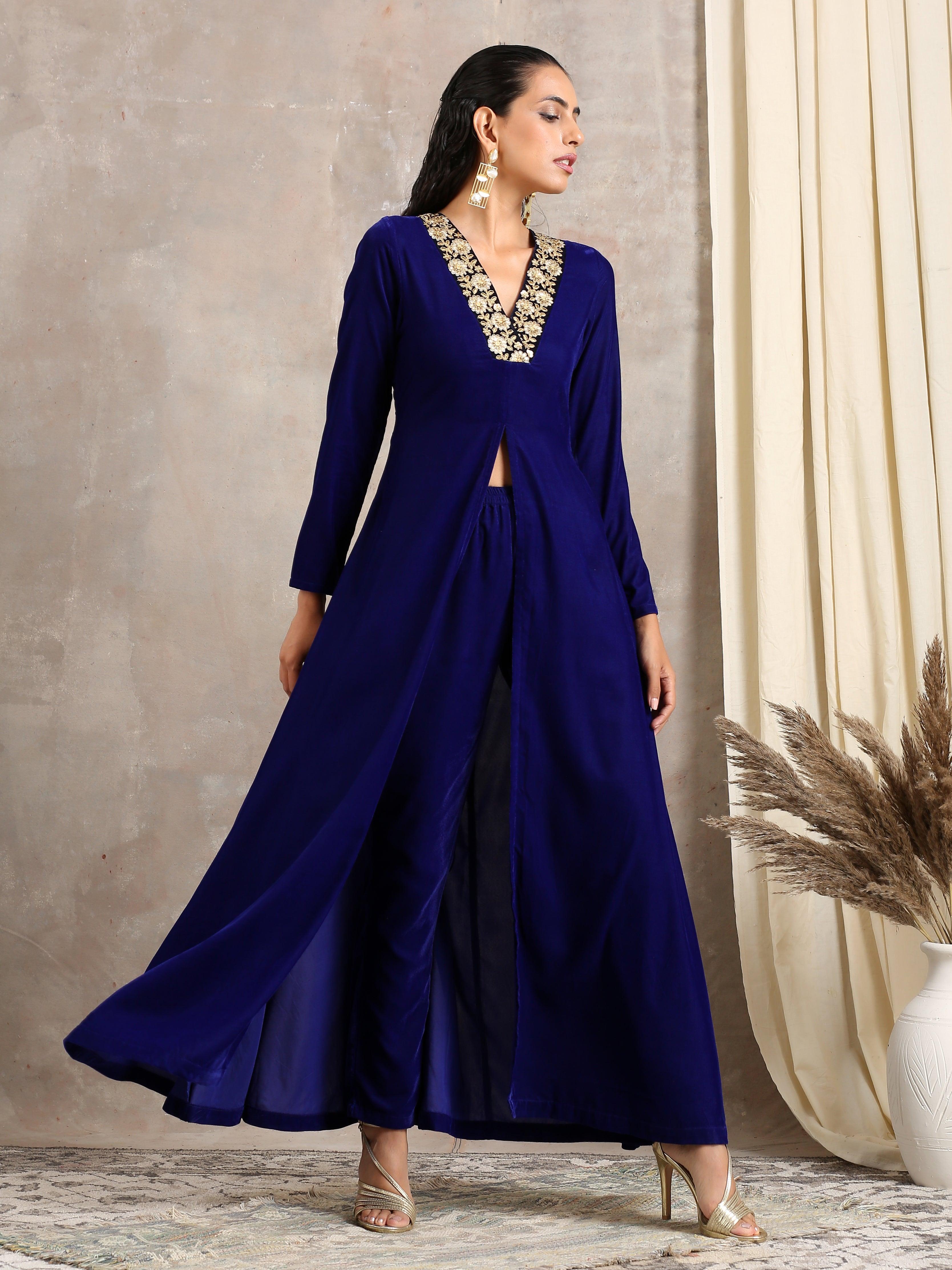 Blue Velvet Front Slit Kurta - trueBrowns