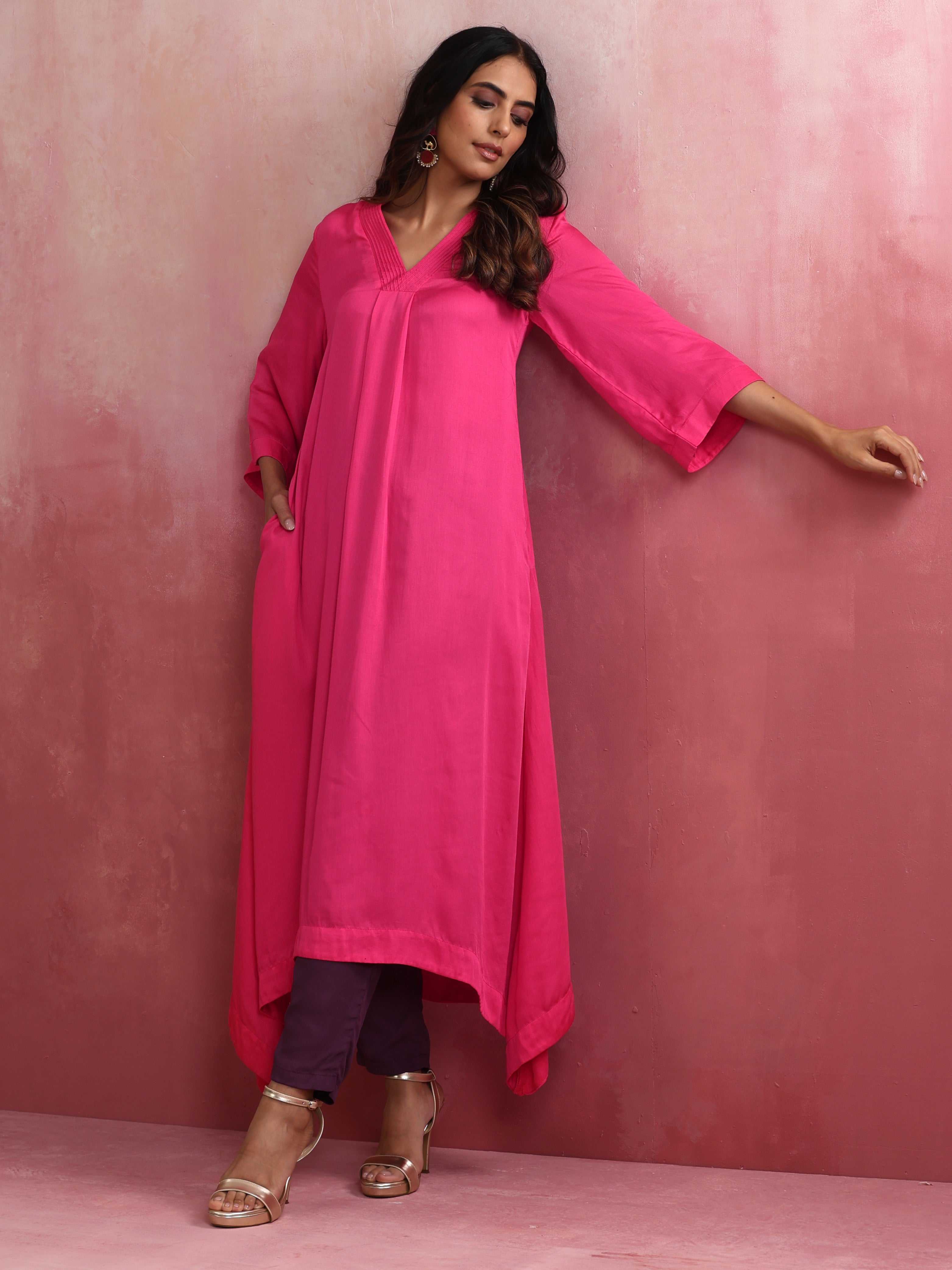 trueBrowns Pink Modal Boxpleat Kurta Set