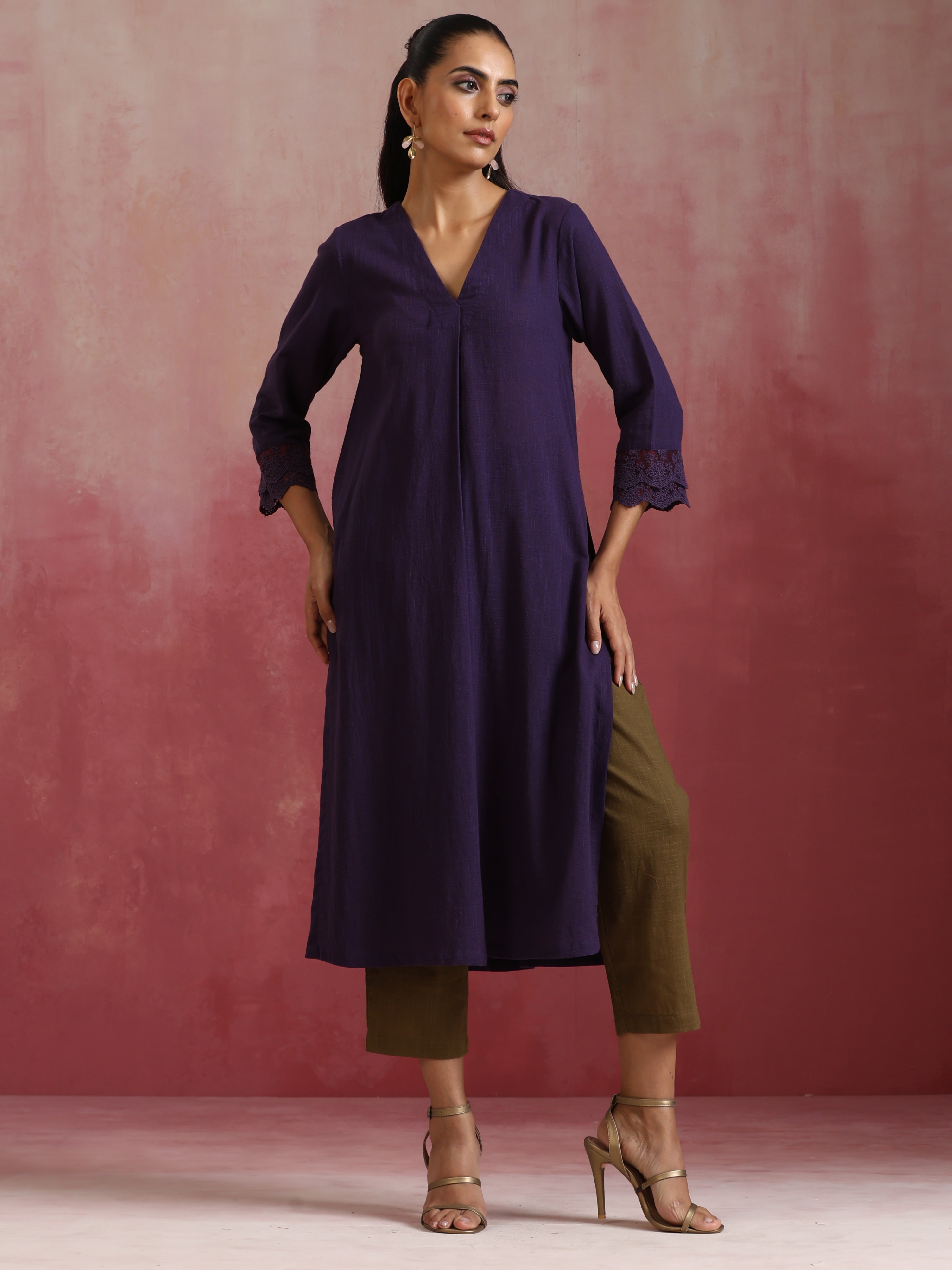 trueBrowns Purple Cotton Dobby Kurta Set