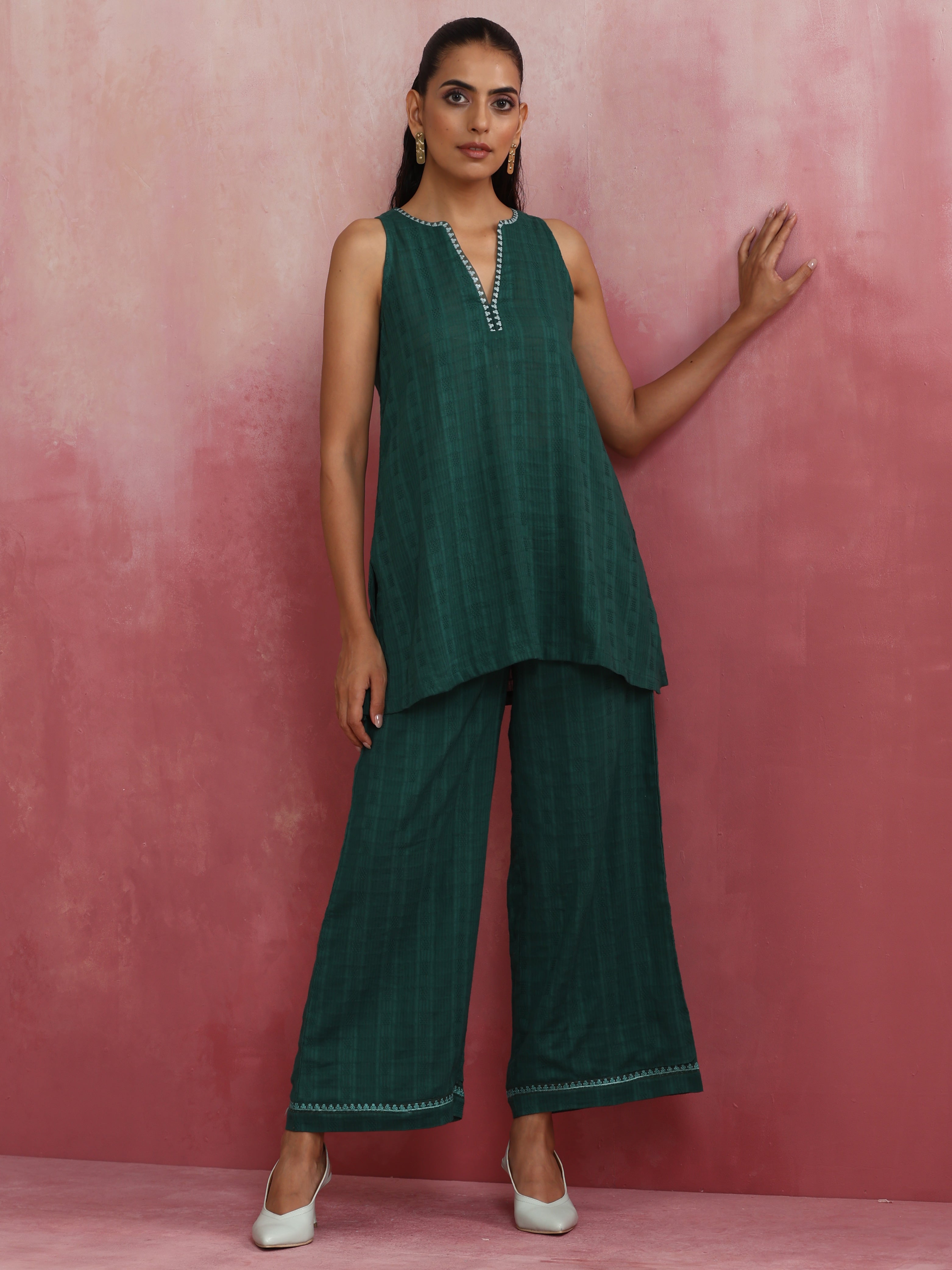 trueBrowns Dark Green Cotton Dobby Co-ord set
