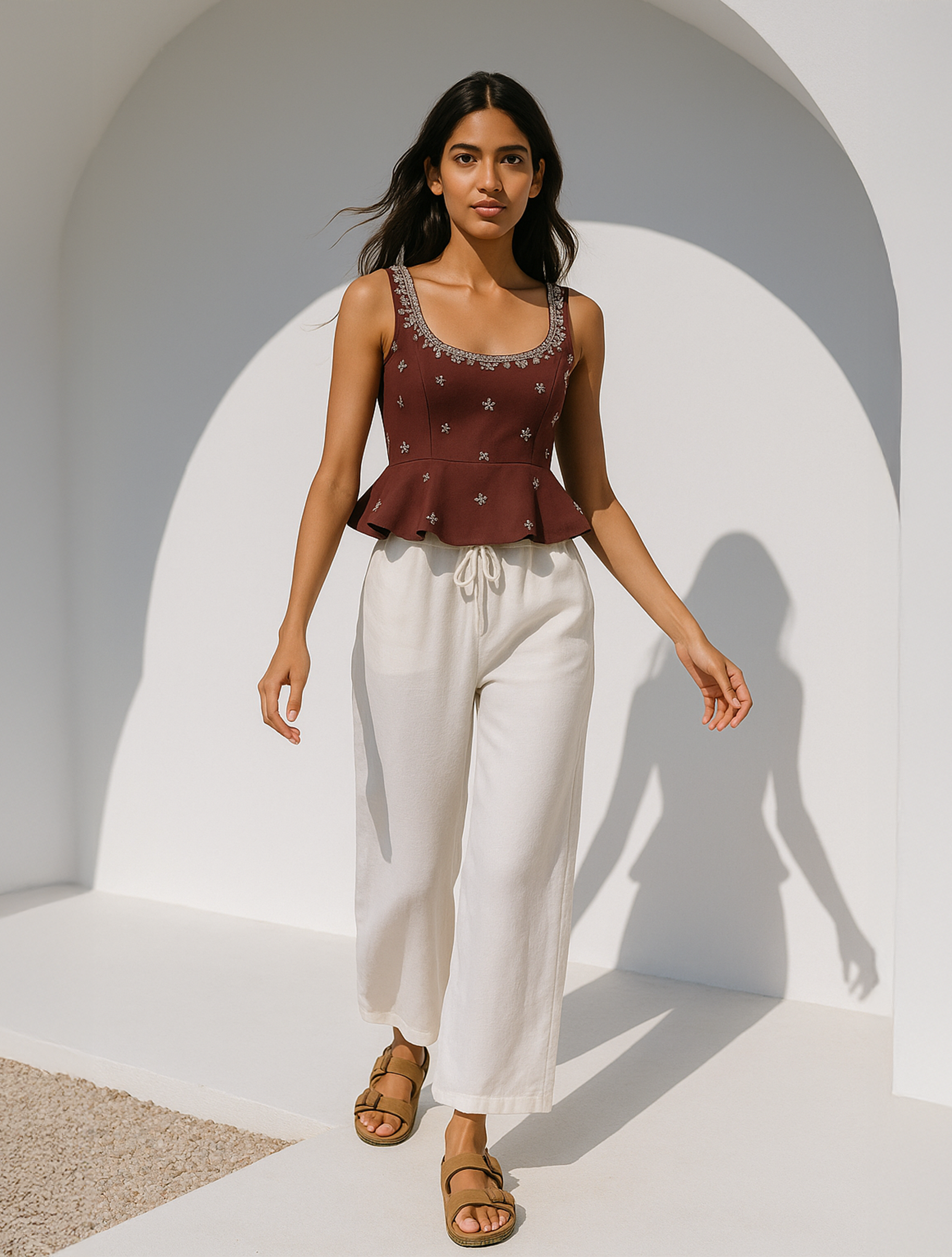 trueBrowns White Cotton Blend Elasticated Drawstring Straight Pants