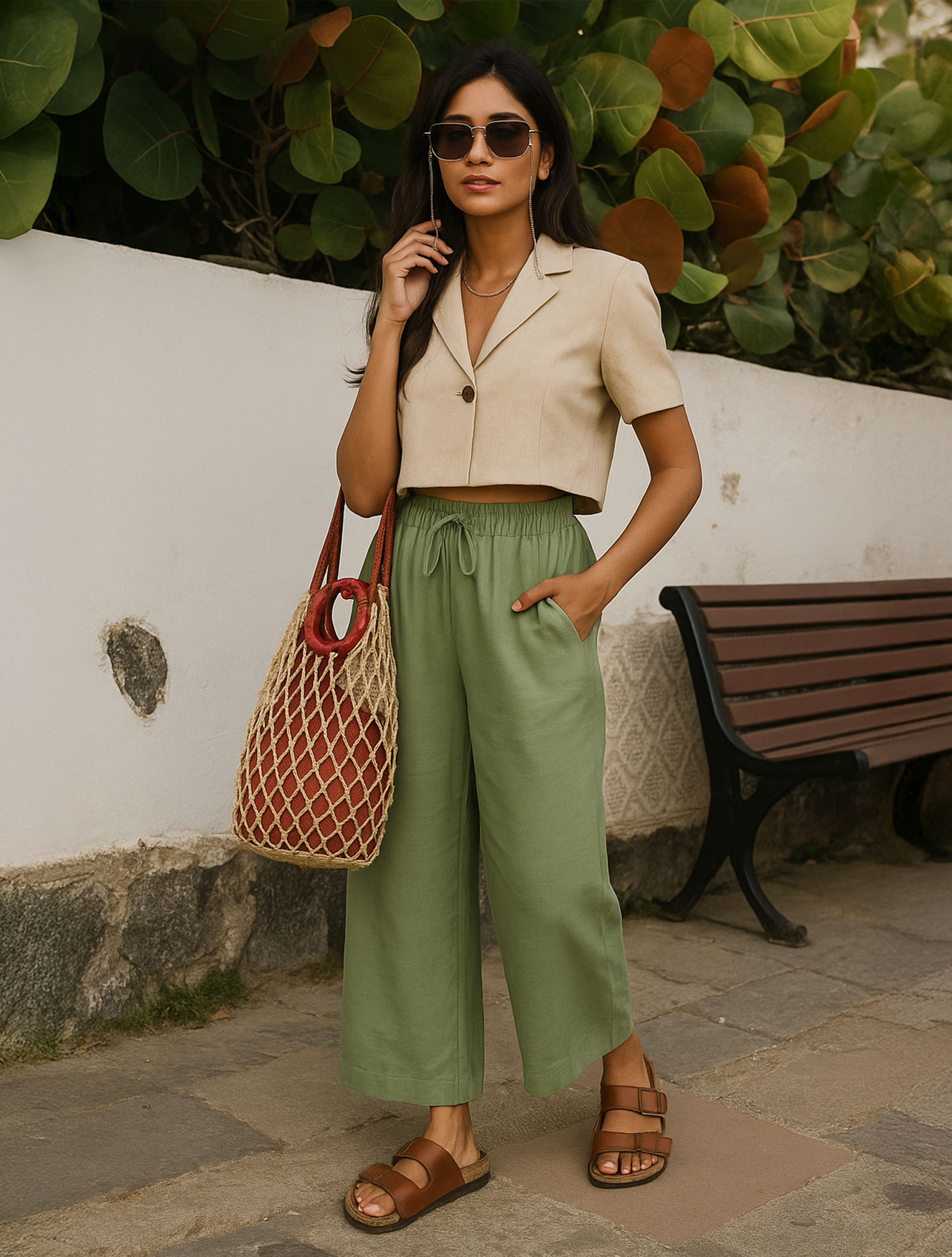 trueBrowns Mint Green Cotton Blend Elasticated Drawstring Straight Pants