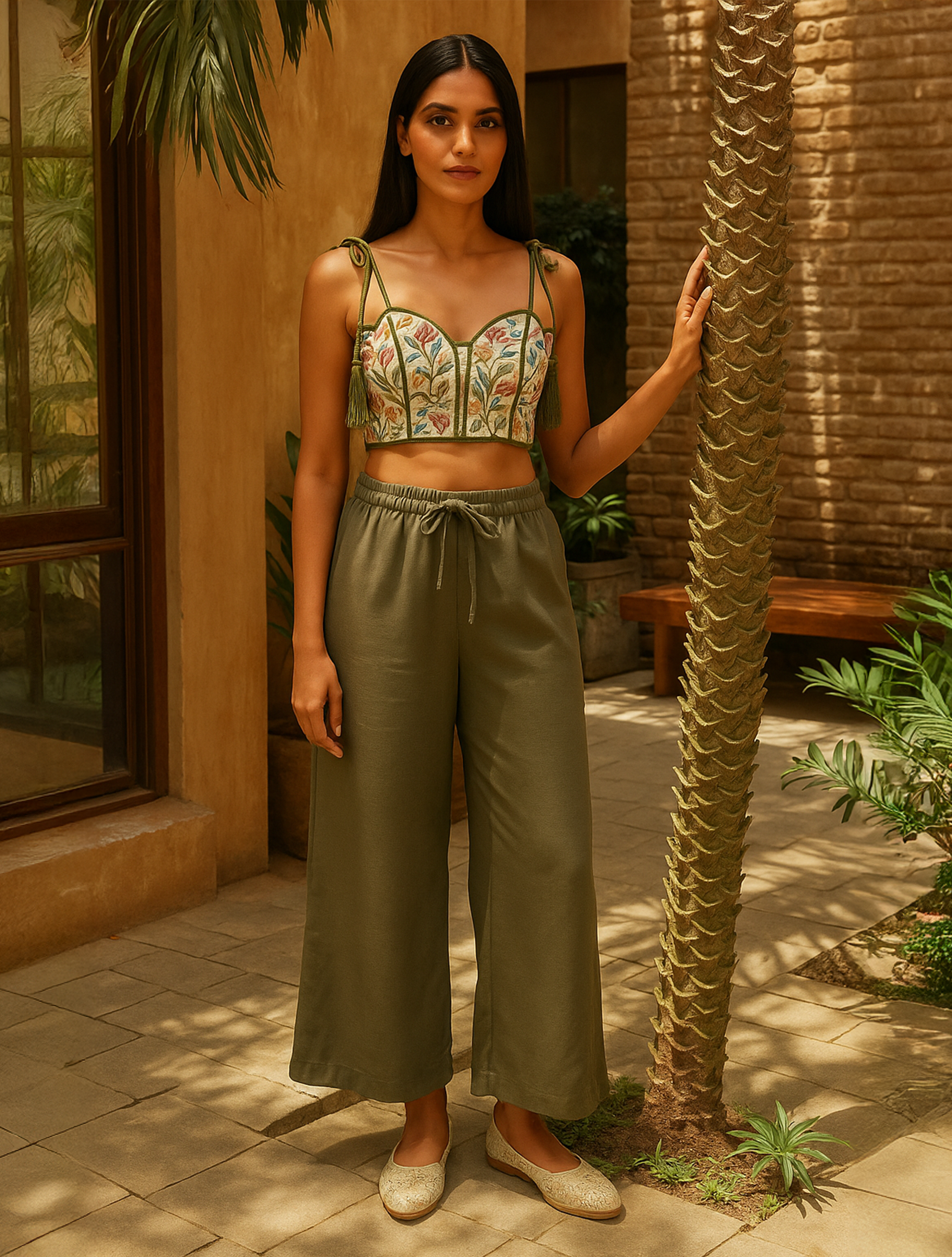 trueBrowns Olive Cotton Blend Elasticated Drawstring Straight Pants
