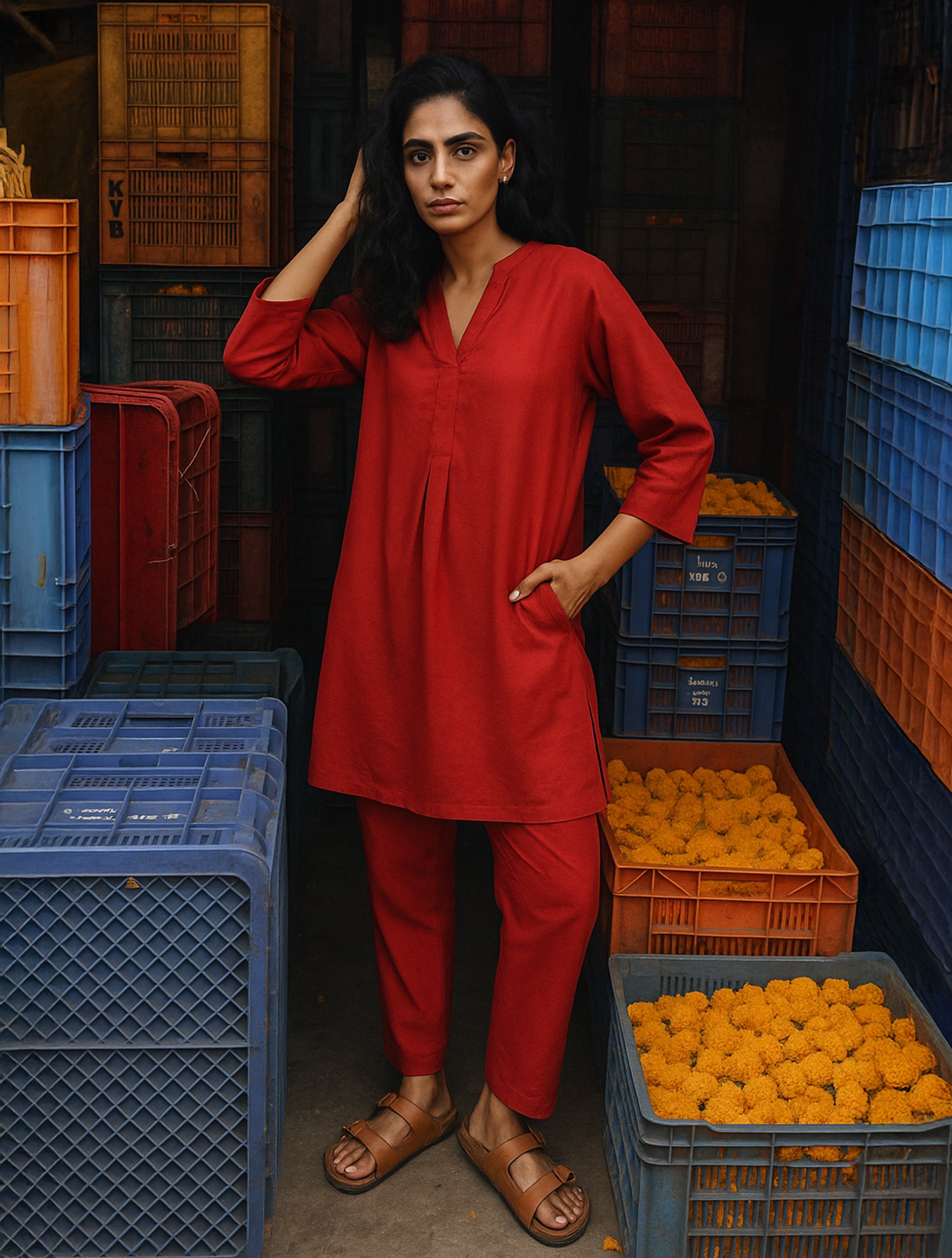 trueBrowns Maroon Viscose Solid Co-ord Set