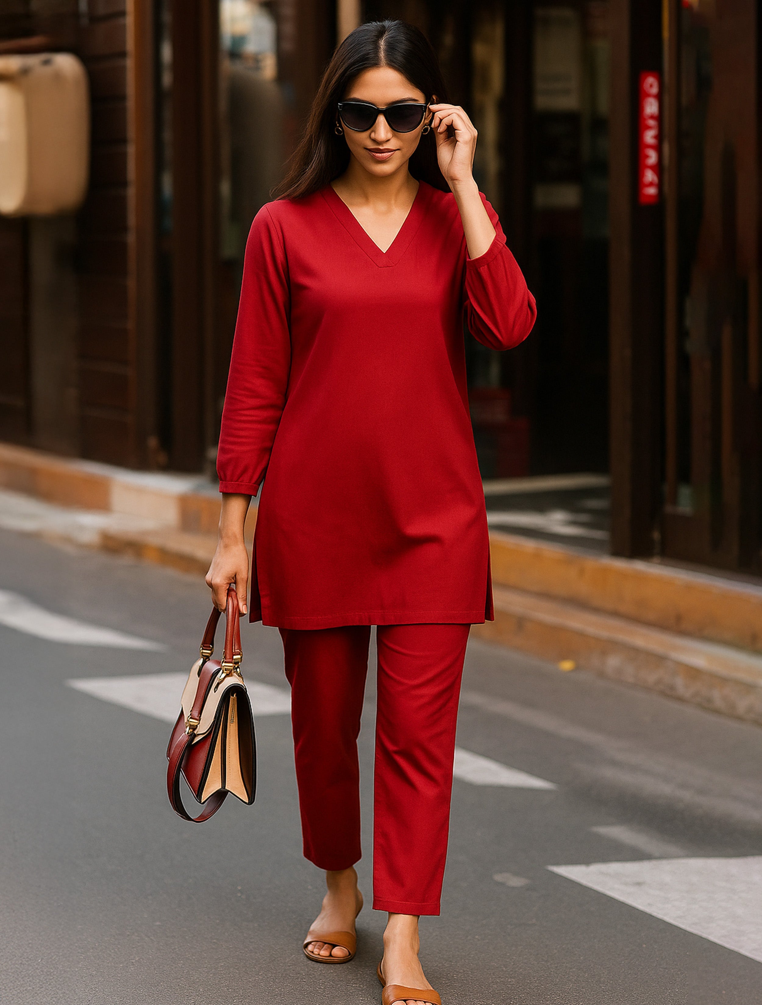 trueBrowns Maroon Viscose Co-ord Set