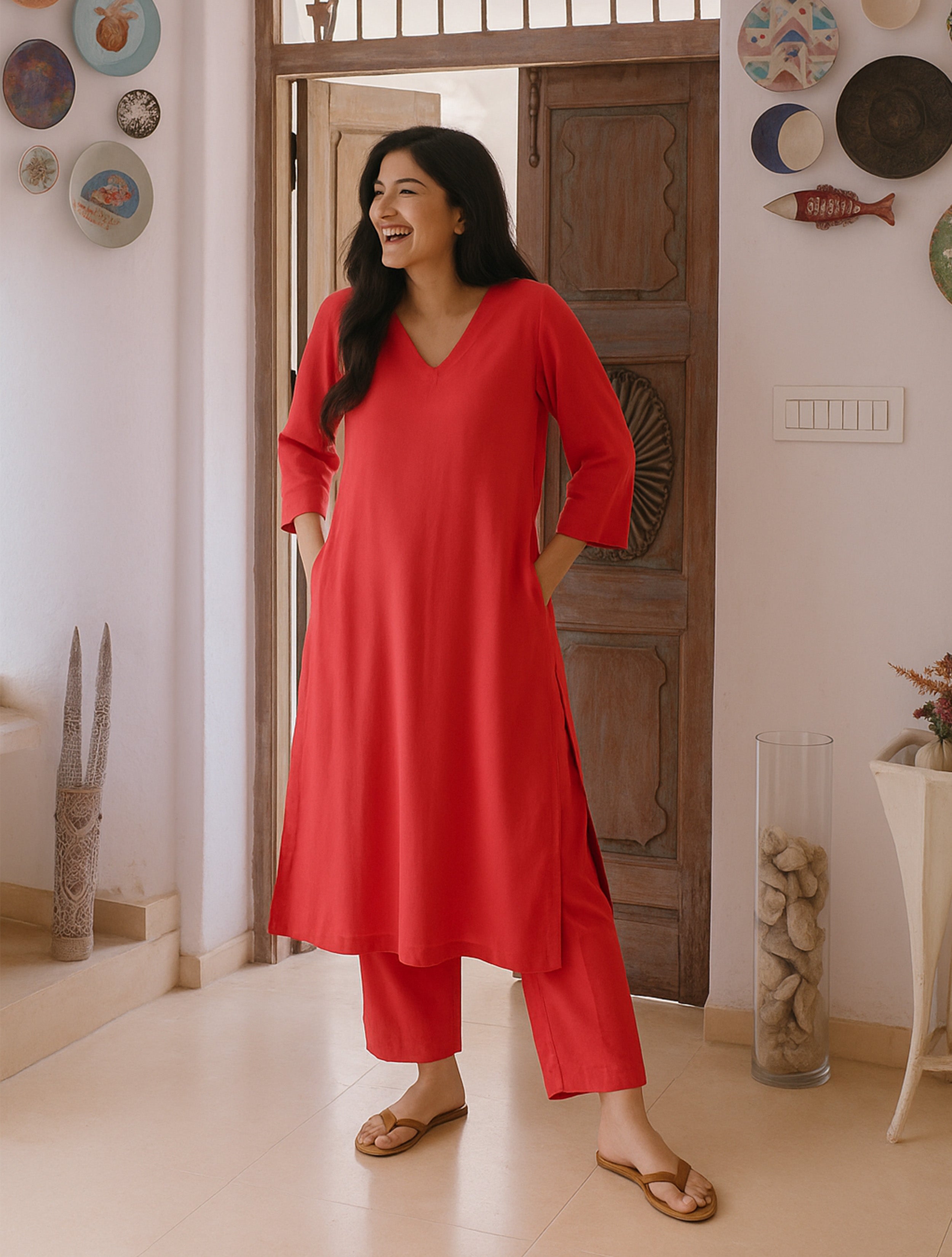 trueBrowns Coral Viscose Solid Kurta Pant Set