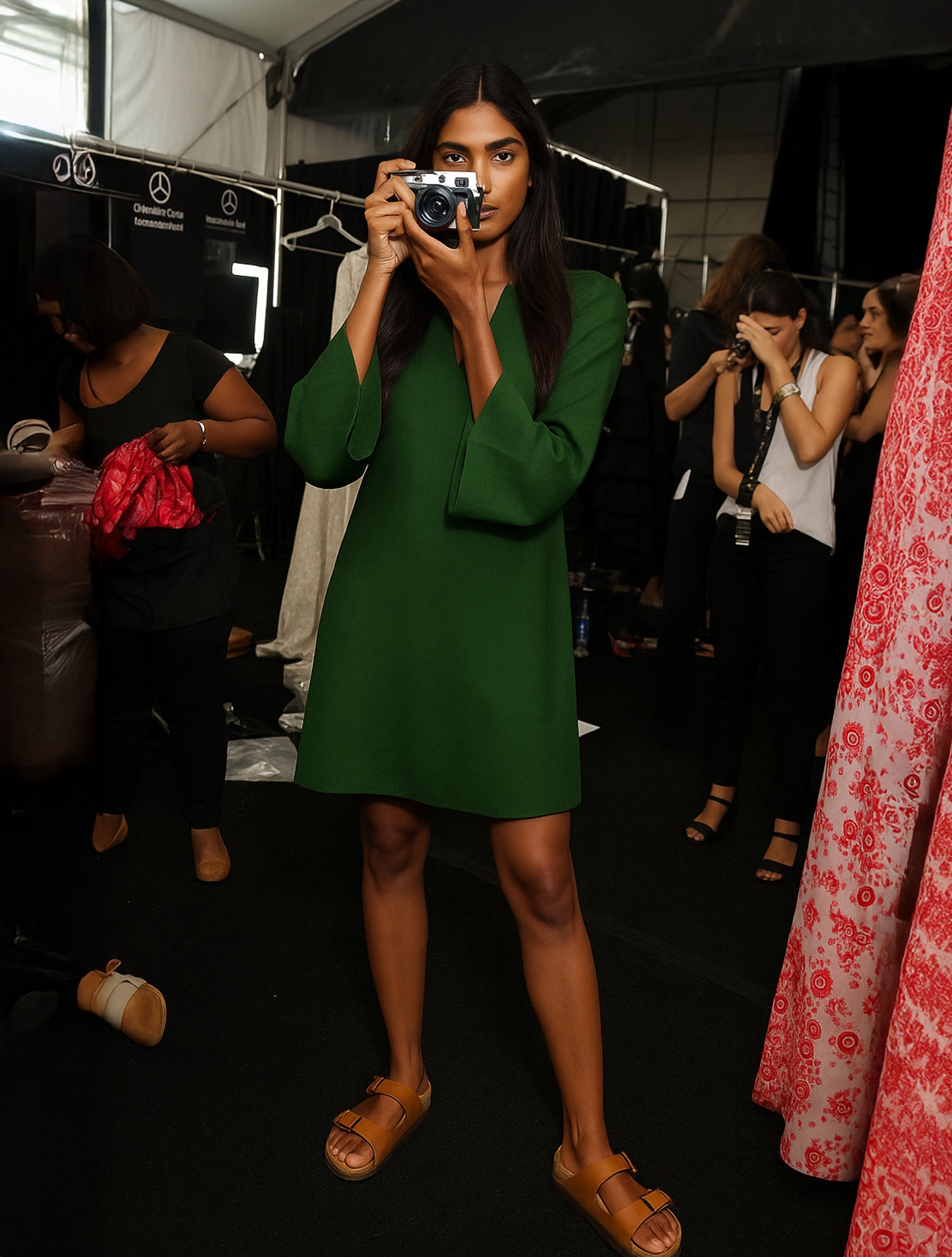 trueBrowns Green Cotton Blend Short Dress
