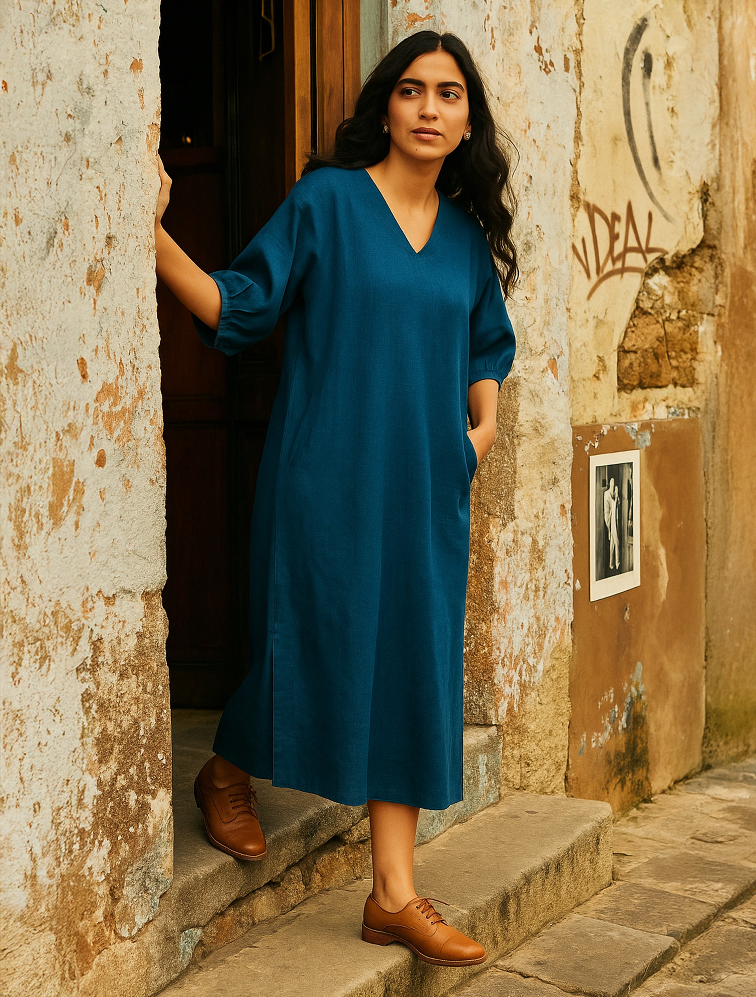 trueBrowns Blue Cotton Blend Long Dress