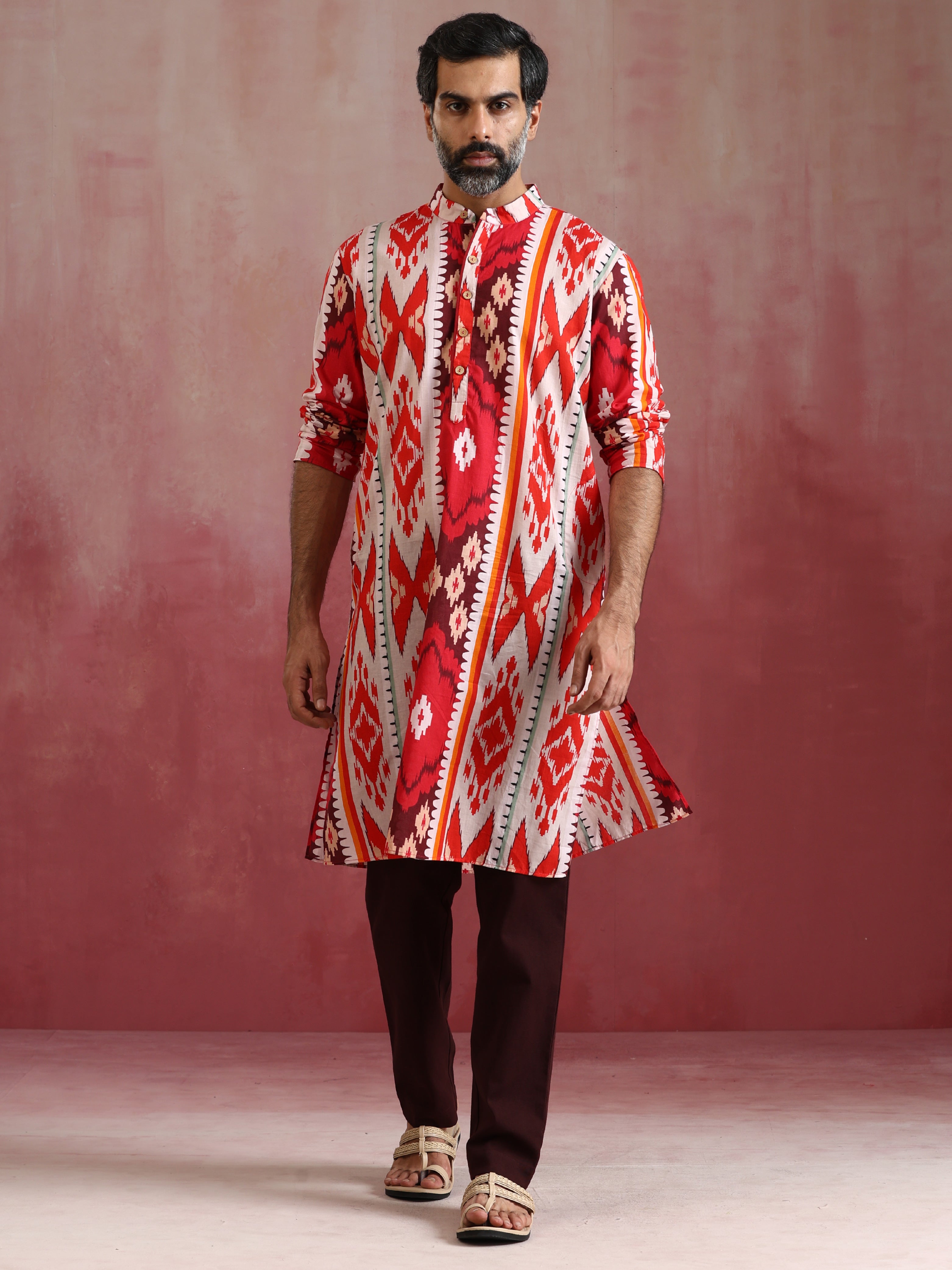 trueBrowns Men's Maroon Ikat Kurta