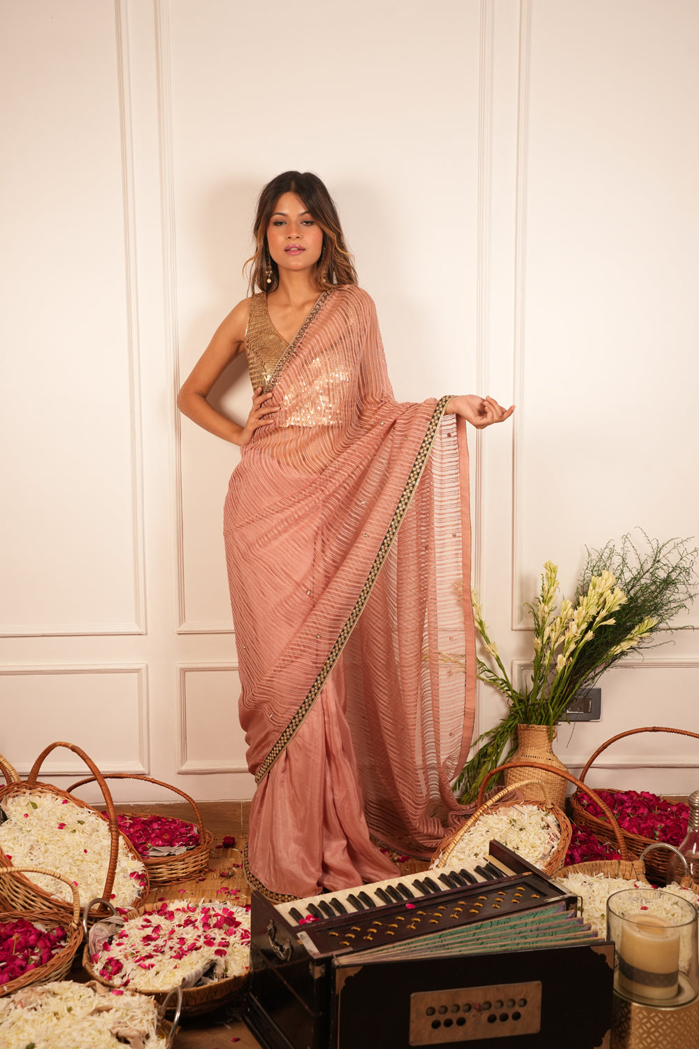 Rose Gold Sheer Saree - Auraya Fashion - Ritika Gupta - #tag1# - #tag2# - #tag3# - #tag3#