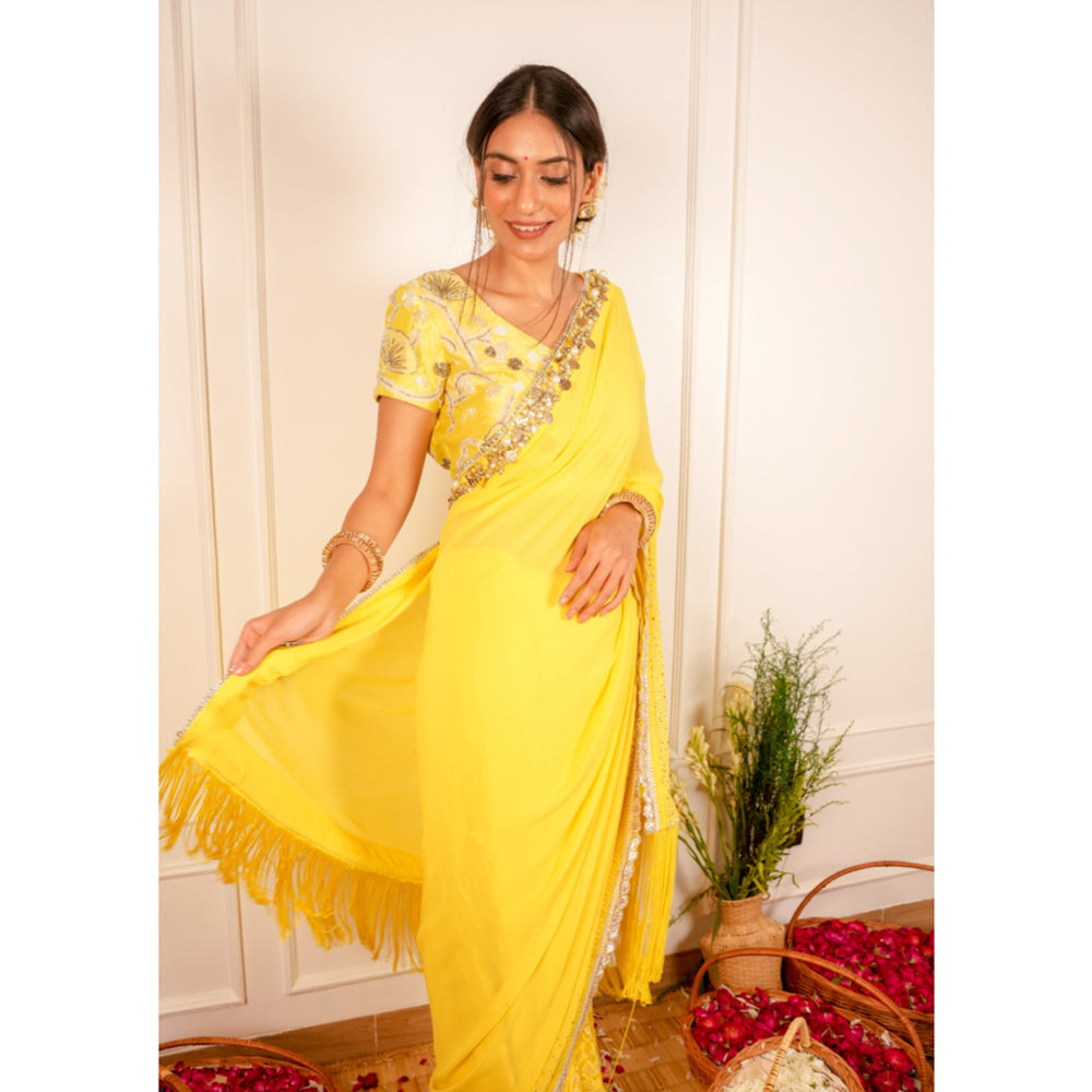 Lemon-Ish Saree With Pretty Me Sunshine Yellow Blouse - Auraya Fashion -  - #tag1# - #tag2# - #tag3# - #tag3#