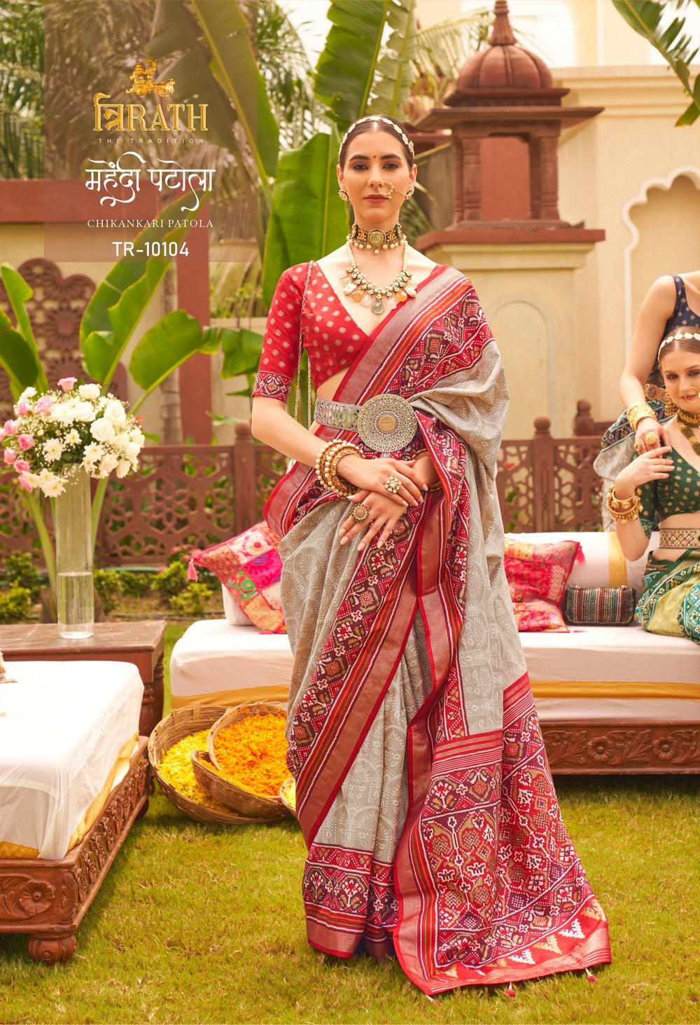 Light Grey Soft silk Print Work Mahendi  Patola saree