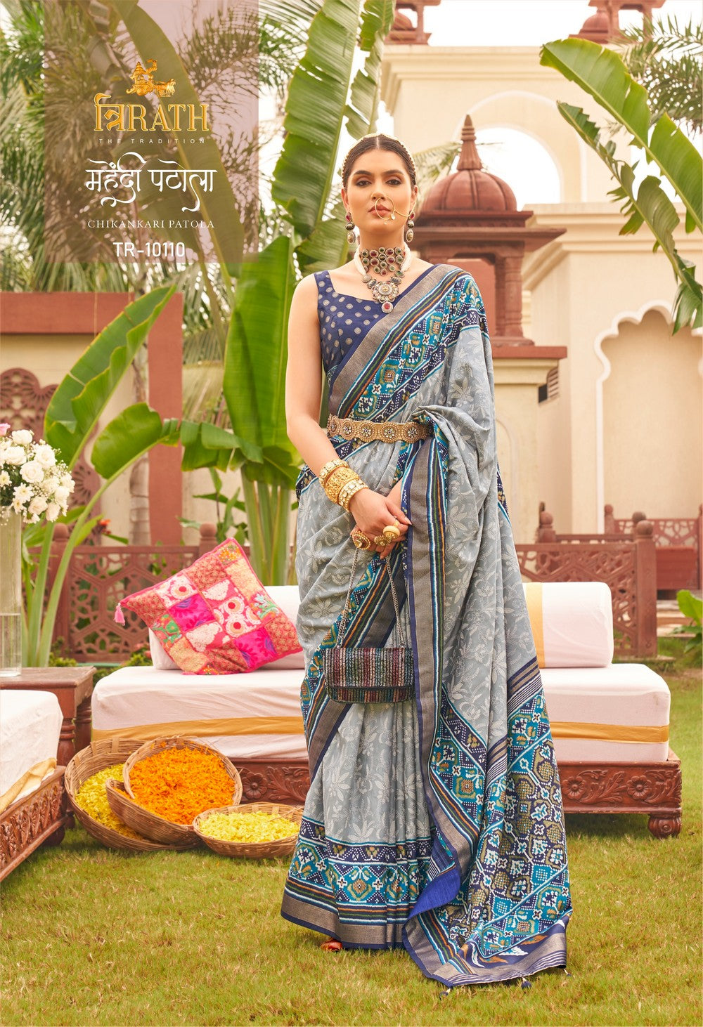 Blue Soft silk Print Work Mahendi Patola saree