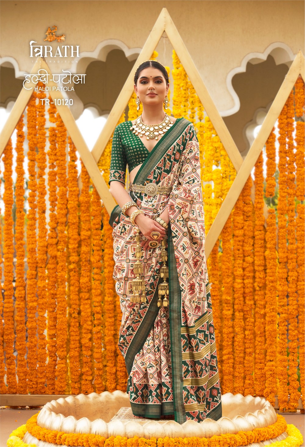 Multicoloured Soft silk Print Work Haldi Patola saree