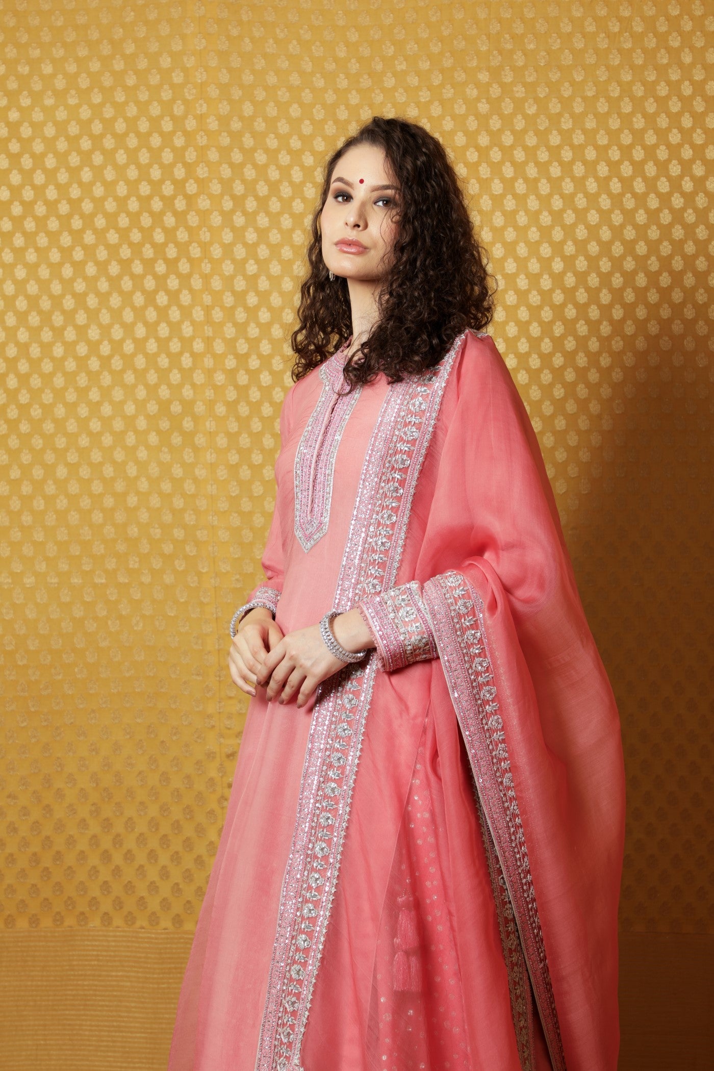Hand-Embroidered Bubblegum-Pink Pure Katan-Silk Kurta Paired With Pure Matka- Silk Lehenga And Pure Katan-Silk Dupatta