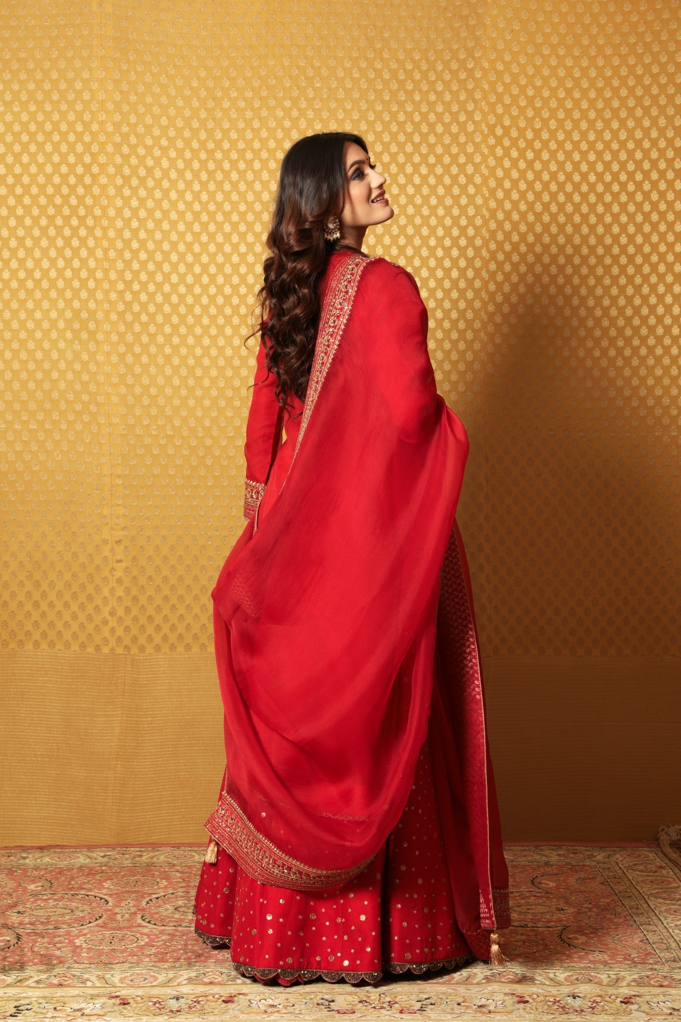 Hand-Embroidered Red Pure Katan-Silk Kurta Paired With Pure Matka-Silk Lehenga And Pure Katan-Silk Dupatta