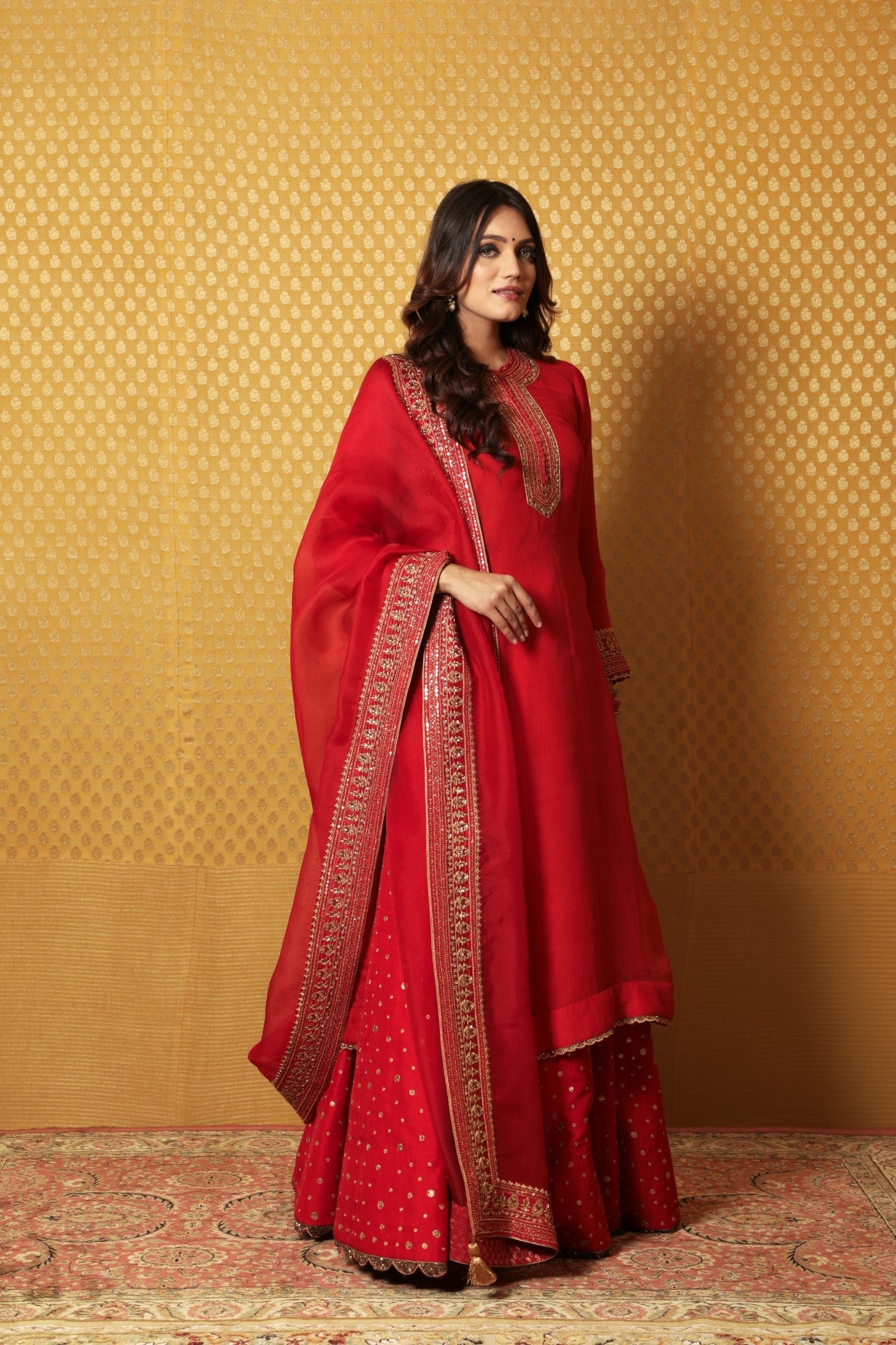 Hand-Embroidered Red Pure Katan-Silk Kurta Paired With Pure Matka-Silk Lehenga And Pure Katan-Silk Dupatta