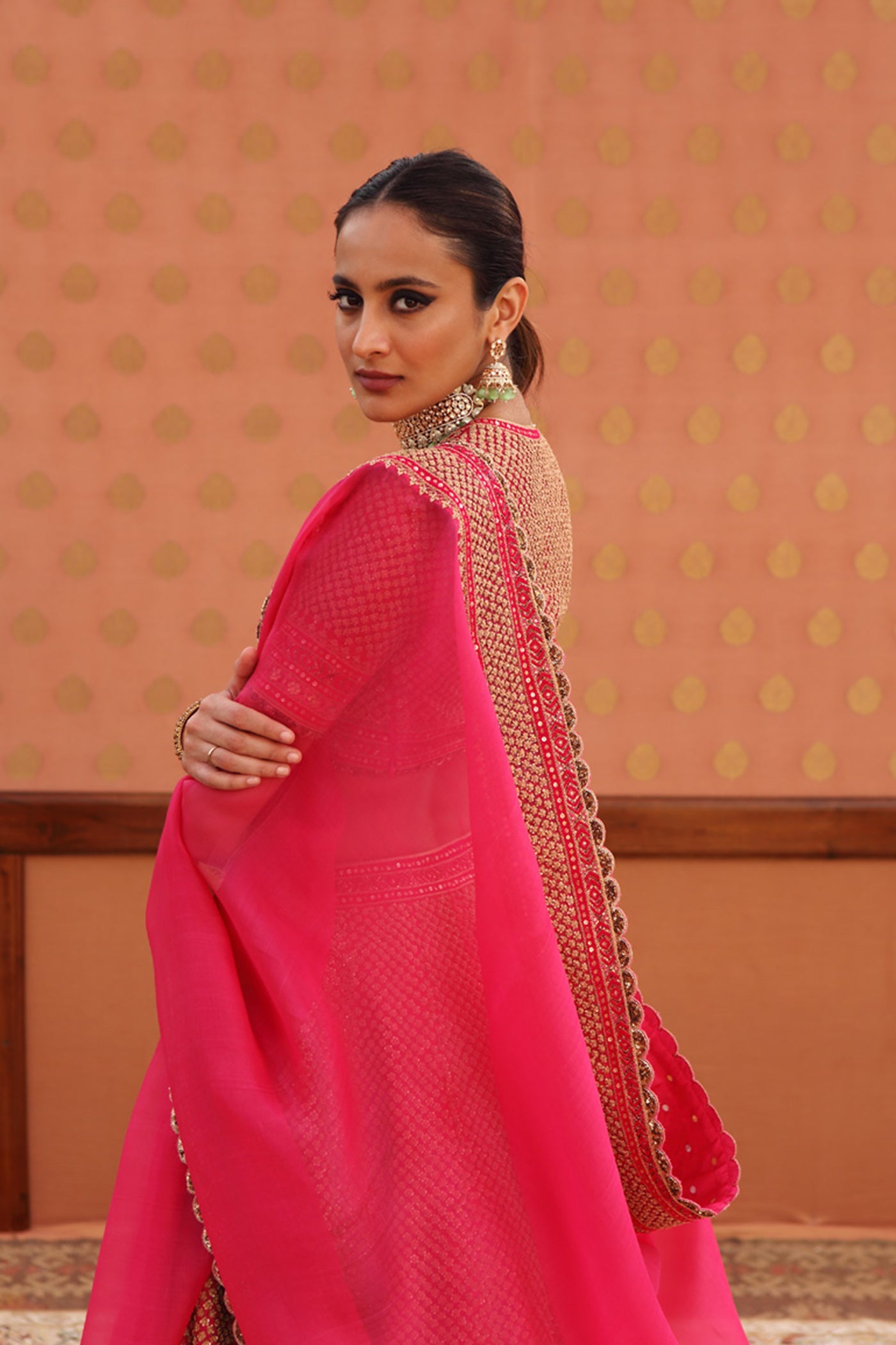 Hand-Embroidered Carmine-Pink Pure Silk-Organza Lehenga-Set