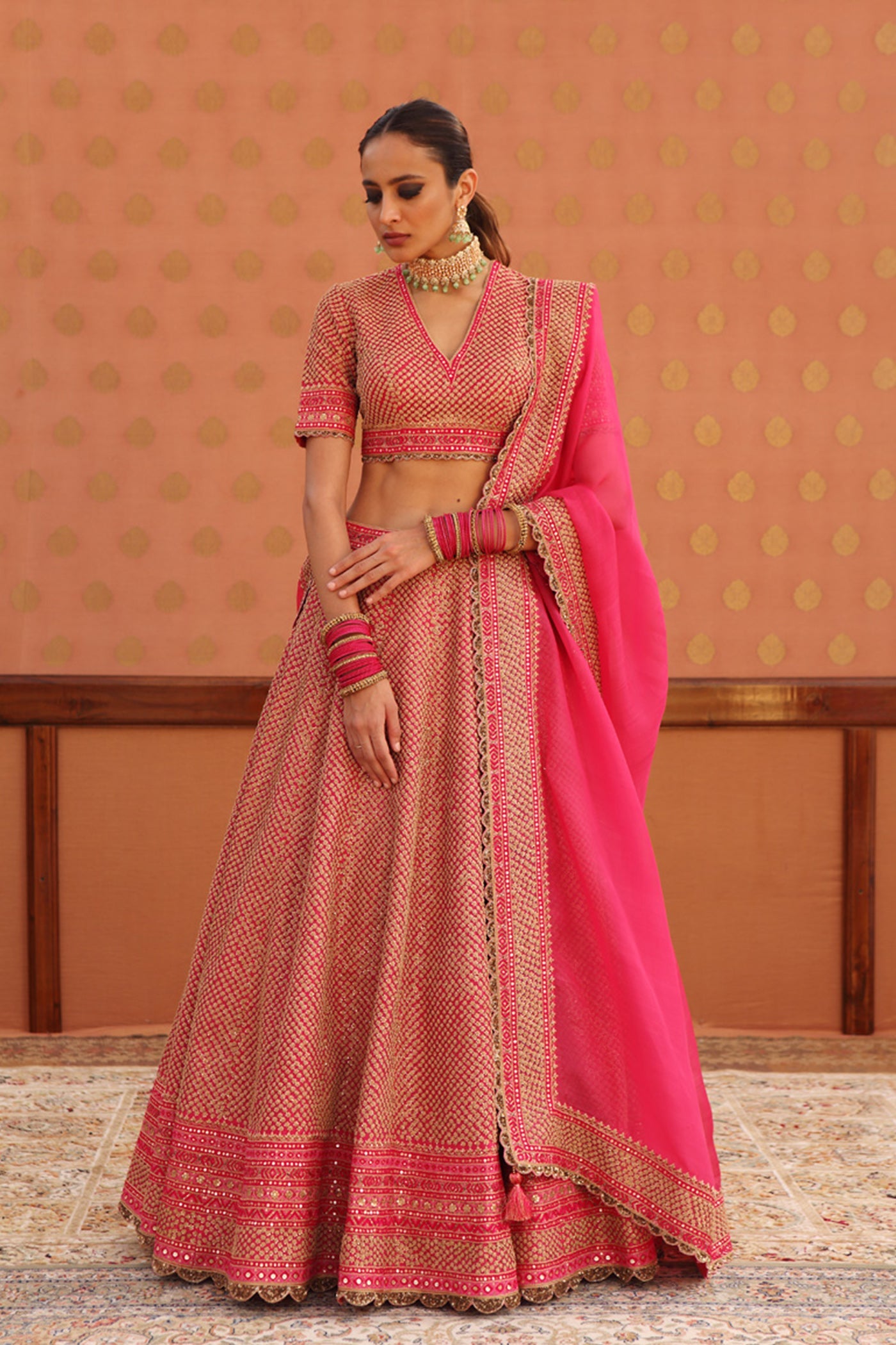 Hand-Embroidered Carmine-Pink Pure Silk-Organza Lehenga-Set