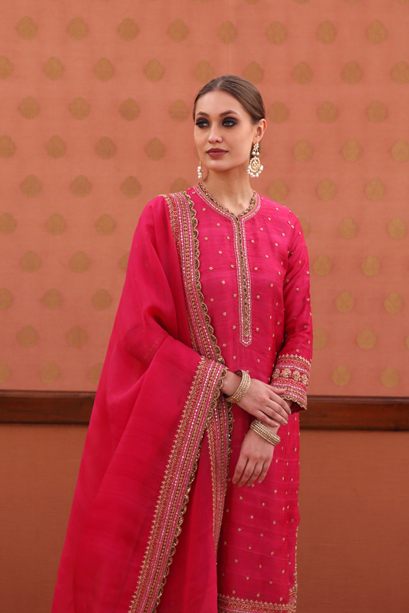 Hand-Embroidered Fuschia-Rose Pink Pure Tussar-Georgette Kurta-Churidaar Set