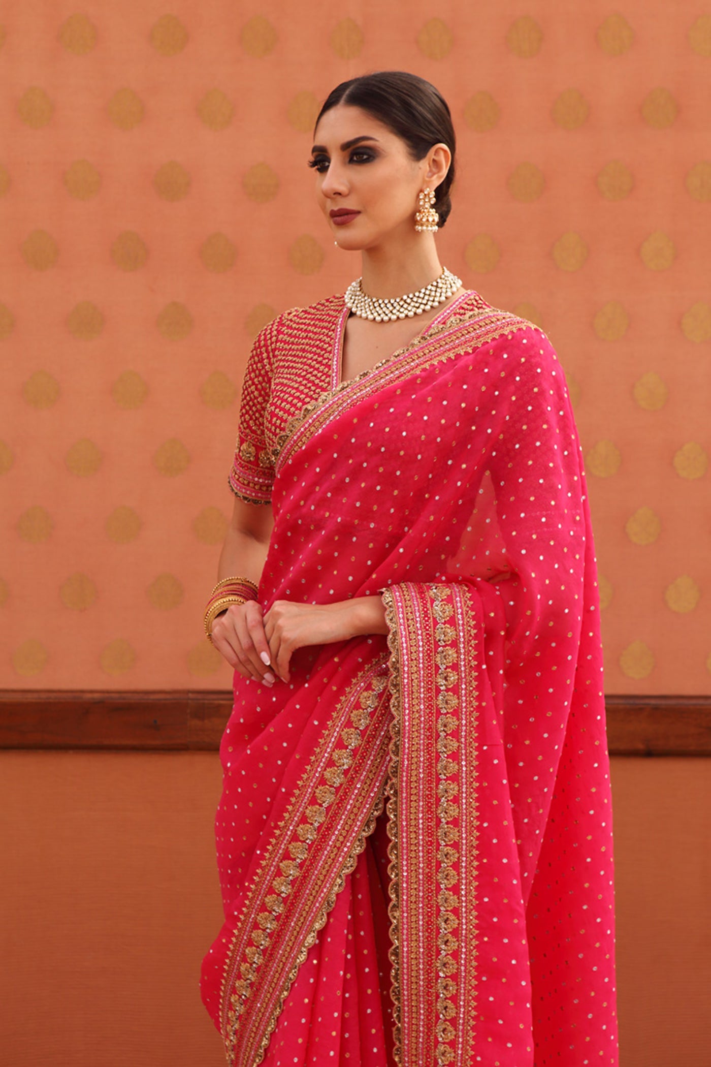 Hand-Embroidered Pink Flambe Pure Silk-Organza Saree-Blouse Set