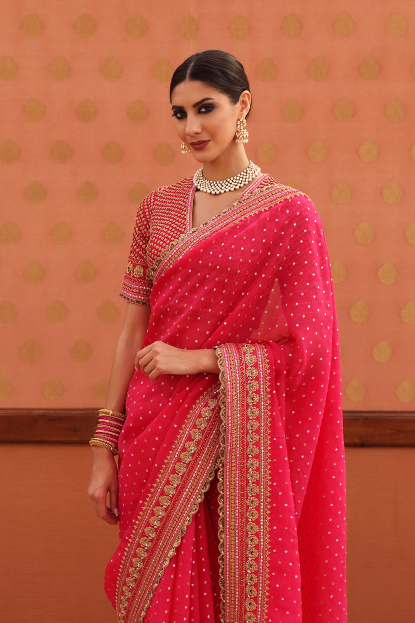 Hand-Embroidered Pink Flambe Pure Silk-Organza Saree-Blouse Set