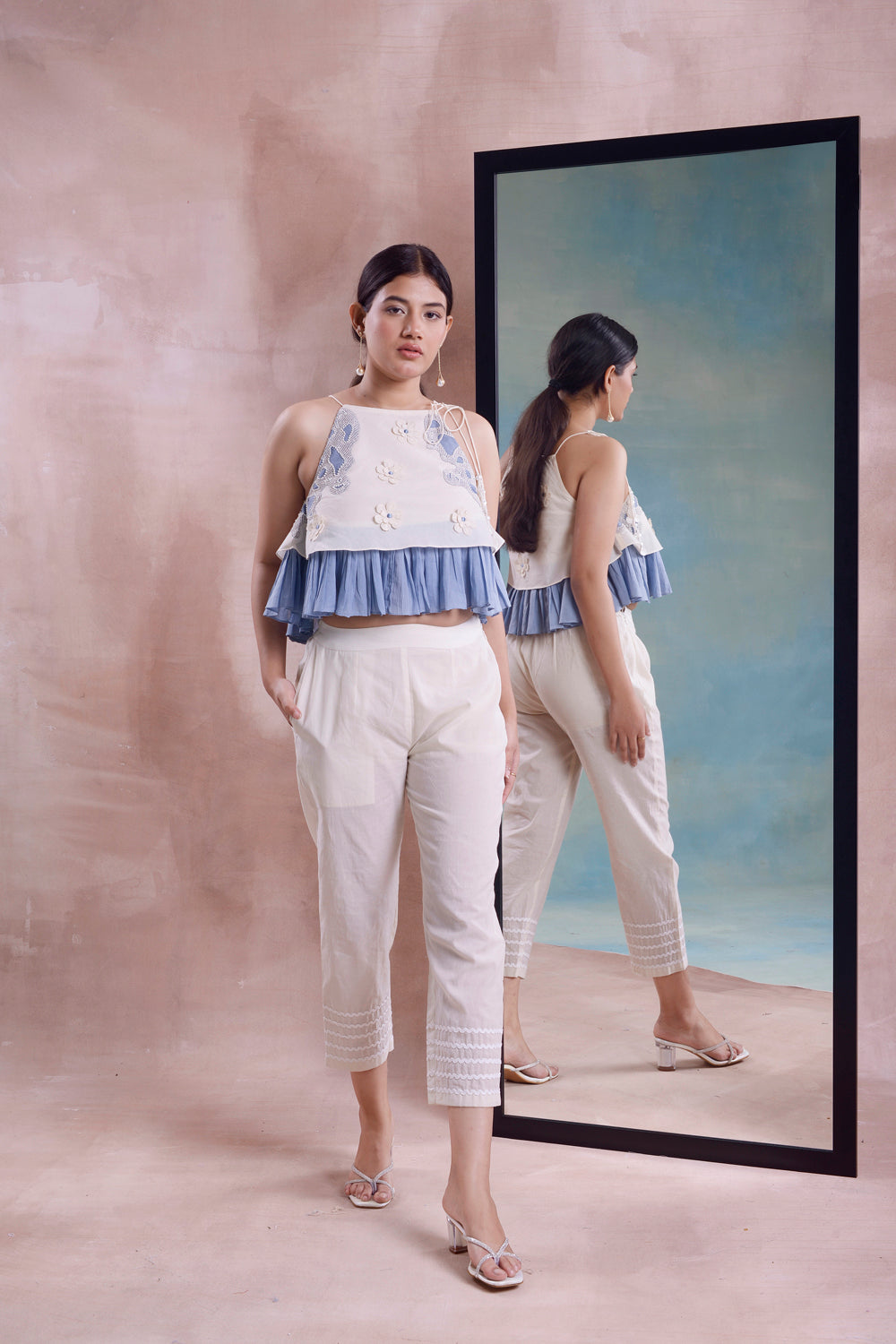 Embroidered Frill Top With Cropped Straight Pants