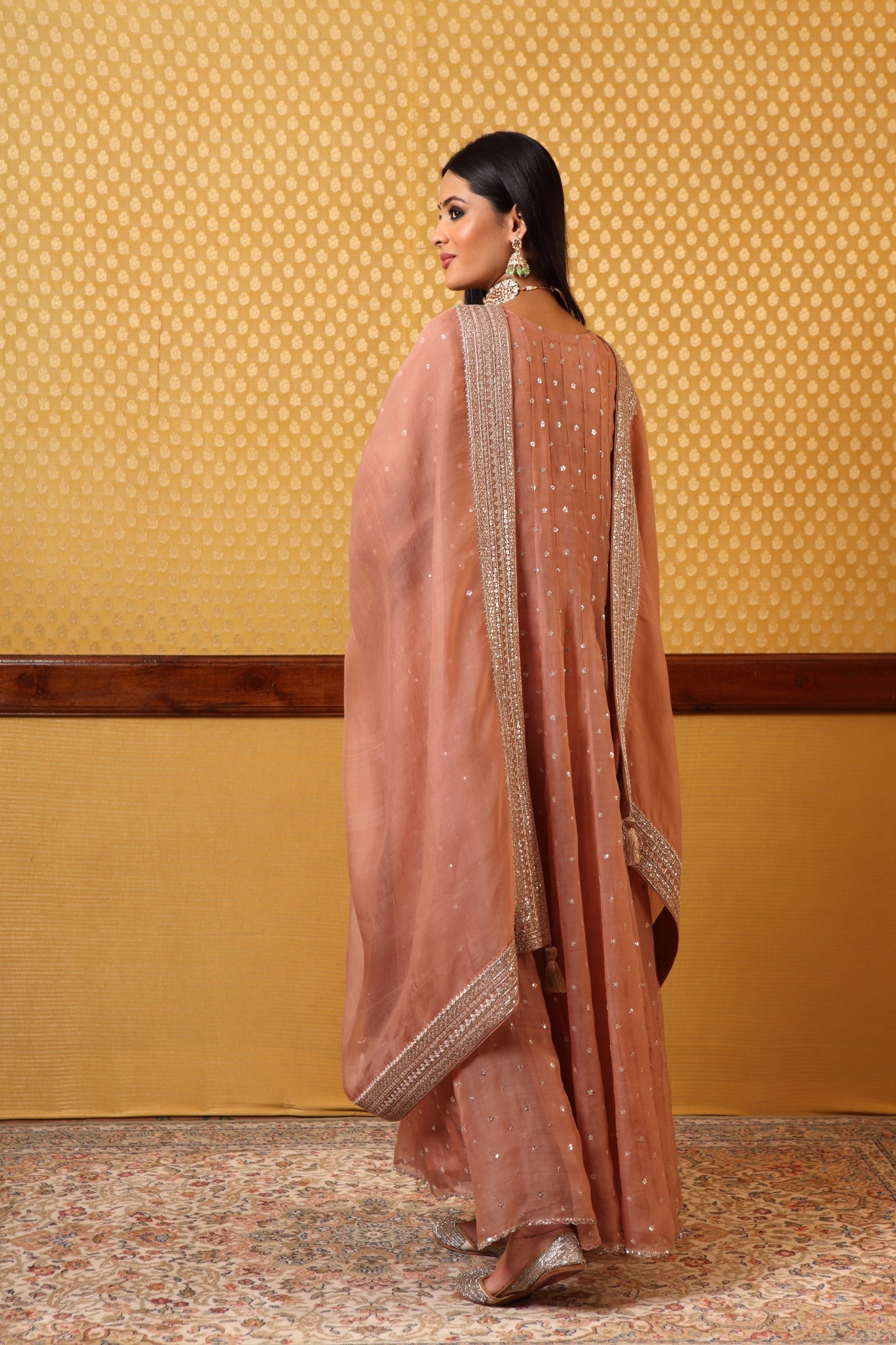 Handembroidered Rosebrown Pure Katansilk Anarkalichuridaar Set