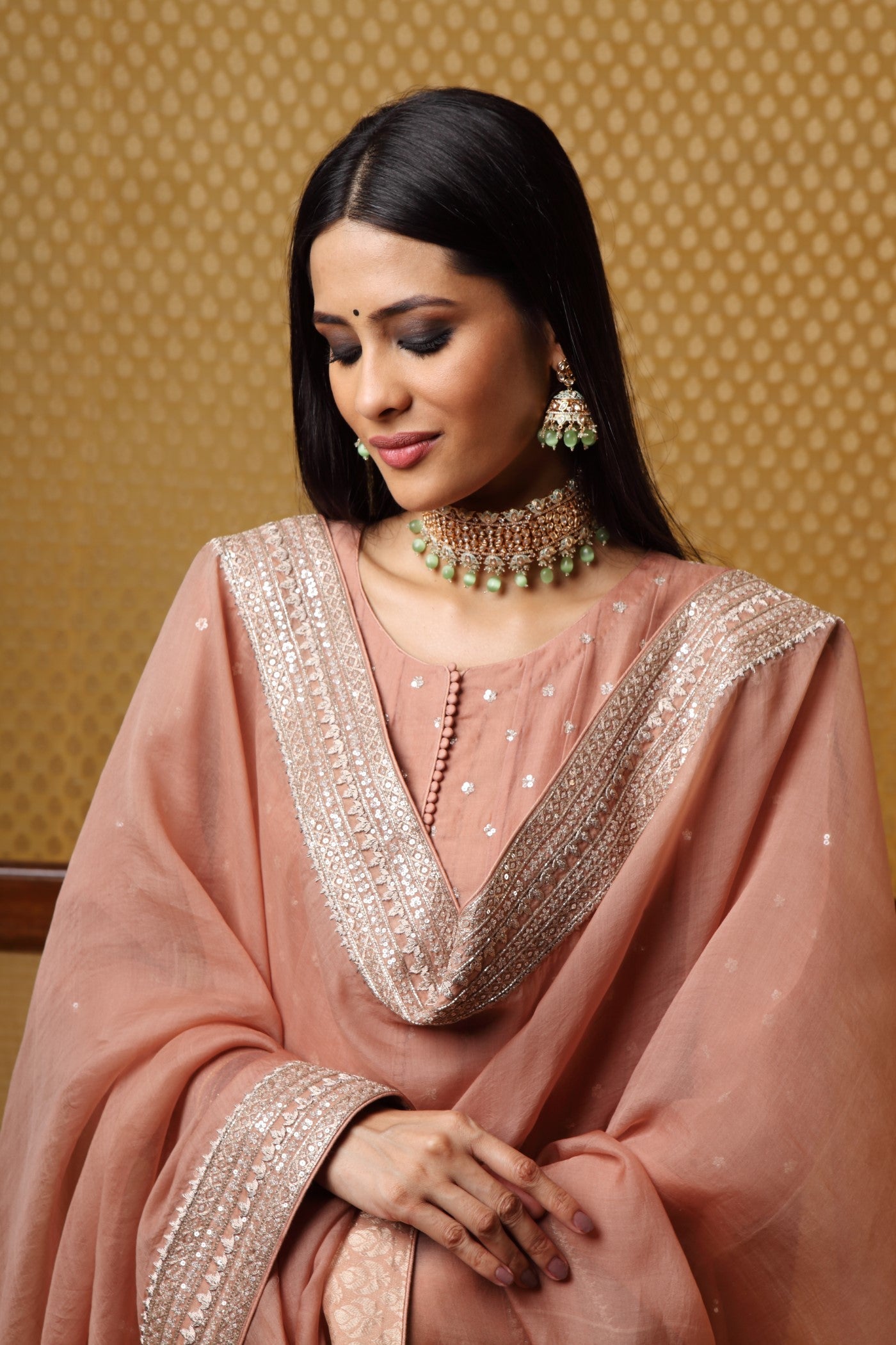 Handembroidered Rosebrown Pure Katansilk Anarkalichuridaar Set