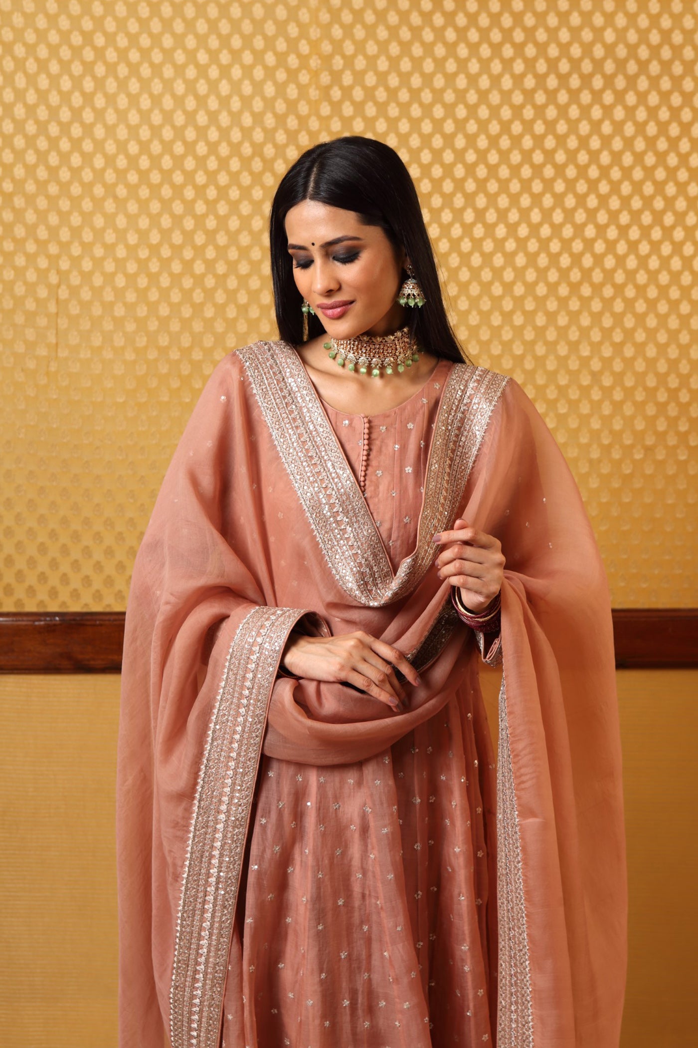 Handembroidered Rosebrown Pure Katansilk Anarkalichuridaar Set