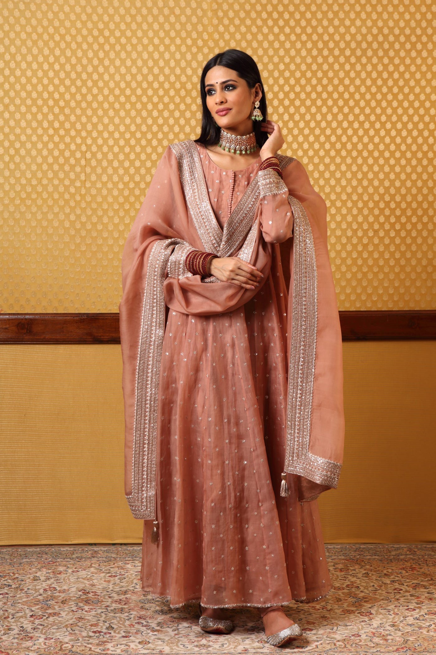 Handembroidered Rosebrown Pure Katansilk Anarkalichuridaar Set