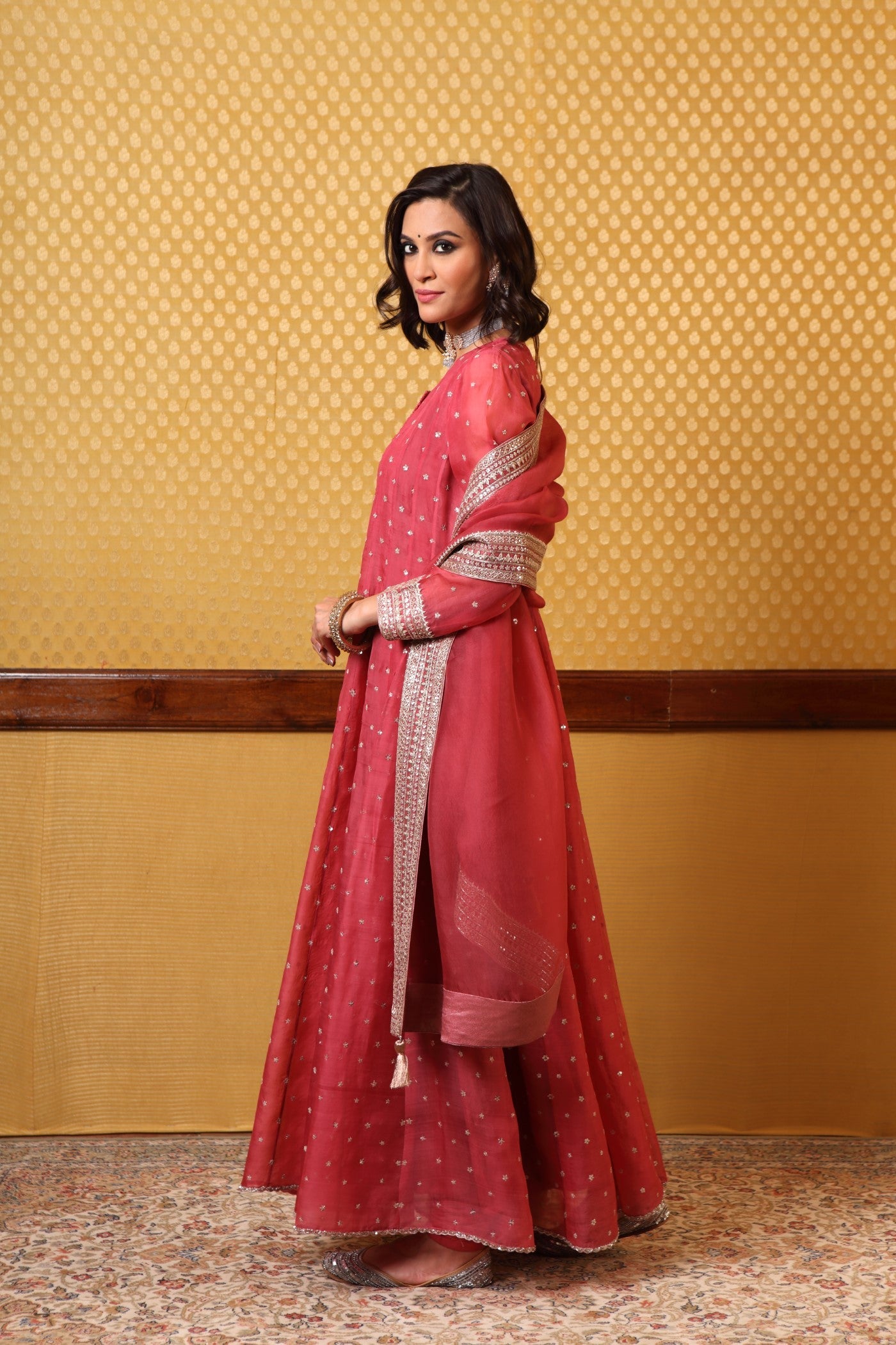 Handembroidered Dustytea Rose Pure Katansilk Anarkalichuridaar Set