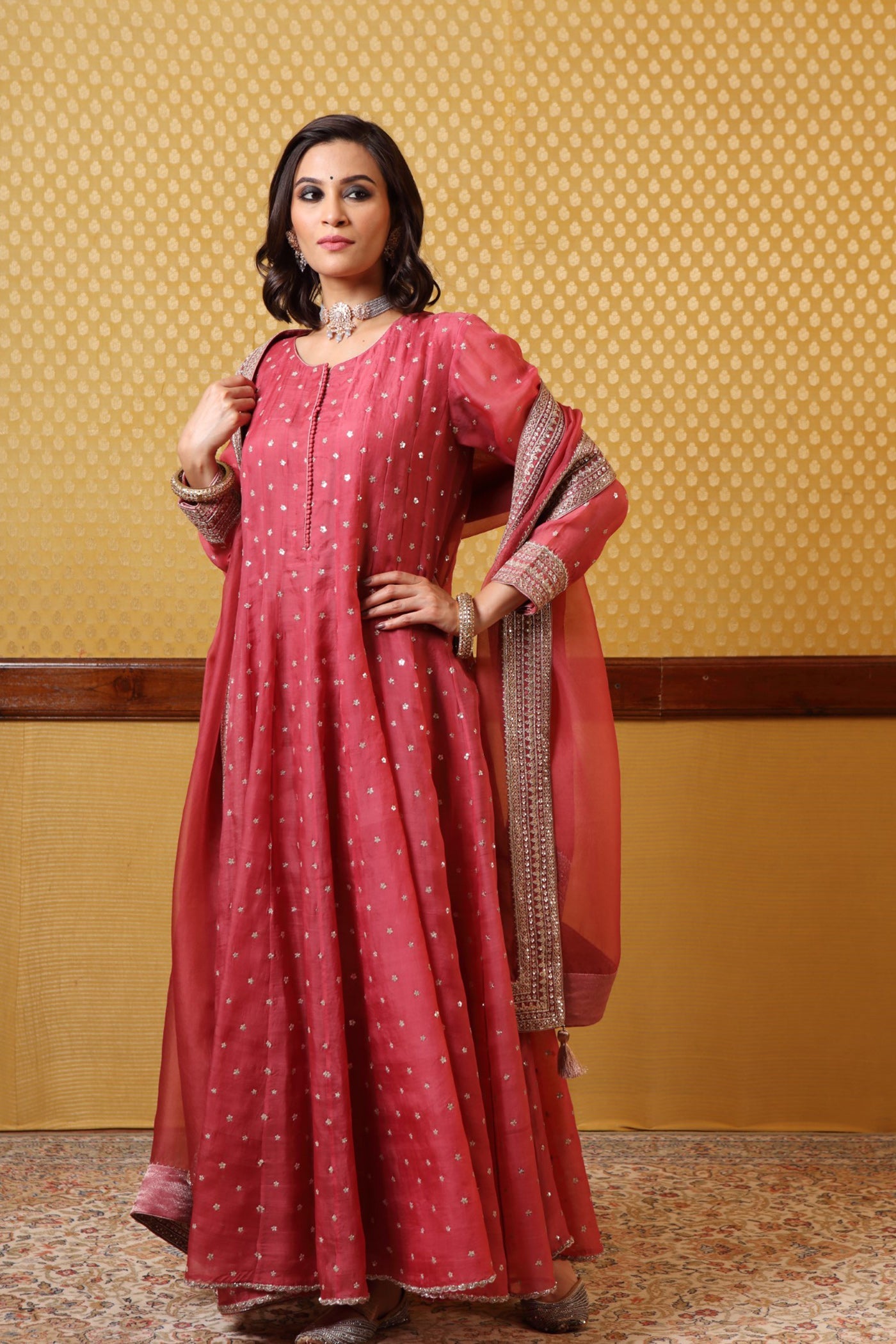 Handembroidered Dustytea Rose Pure Katansilk Anarkalichuridaar Set