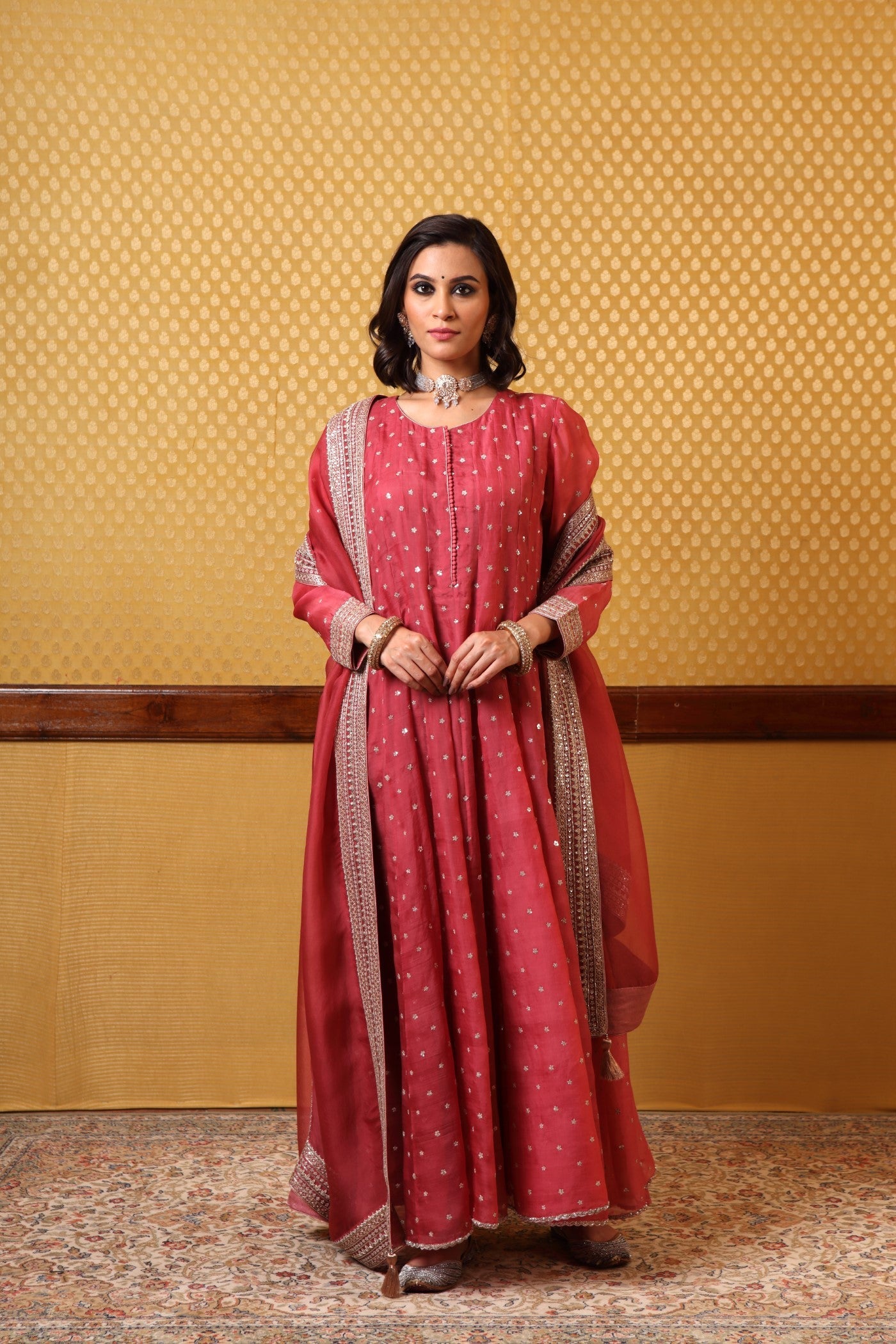Handembroidered Dustytea Rose Pure Katansilk Anarkalichuridaar Set
