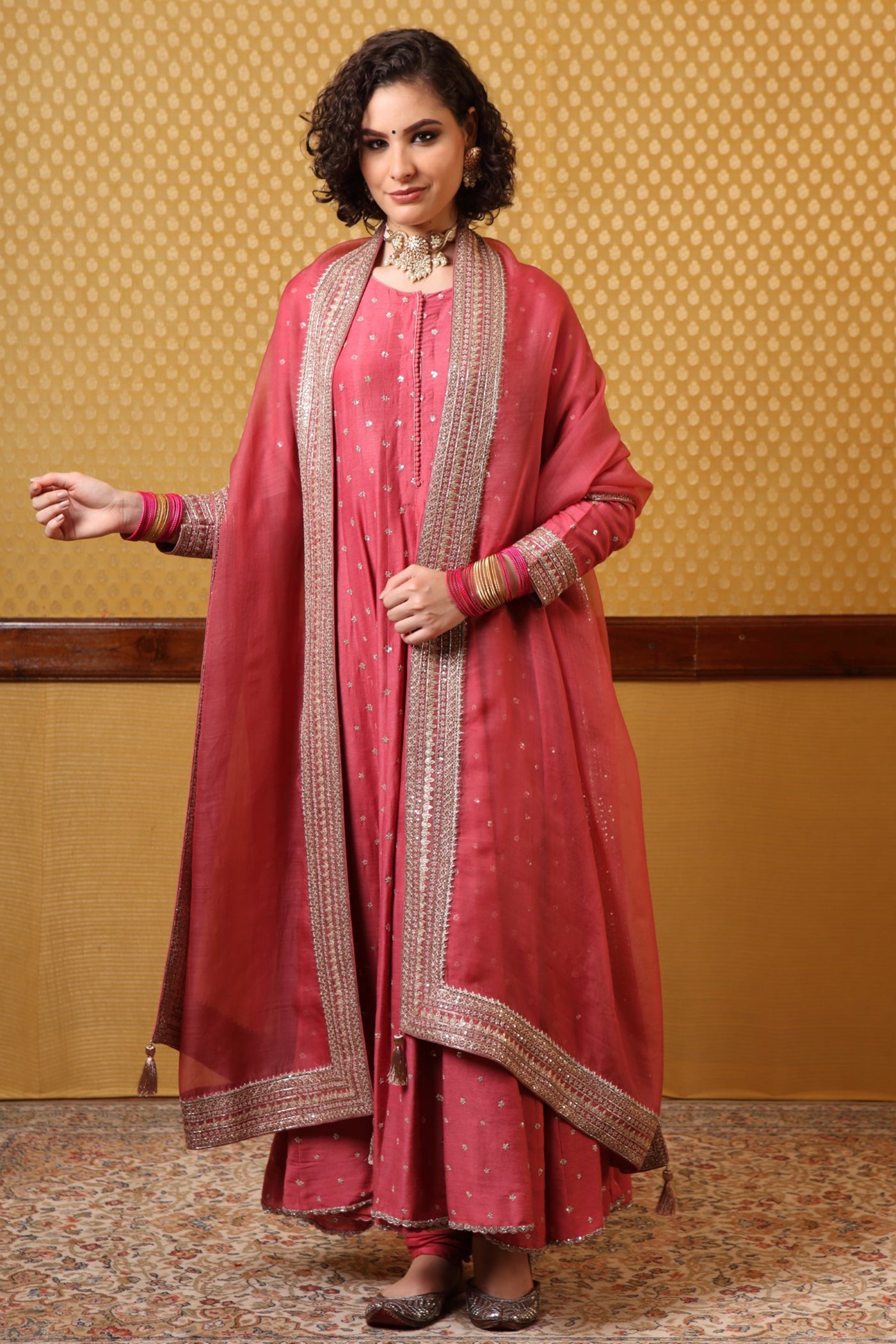 Handembroidered Dusty Tearose Pure Mugasilk Anarkalichuridaar Set