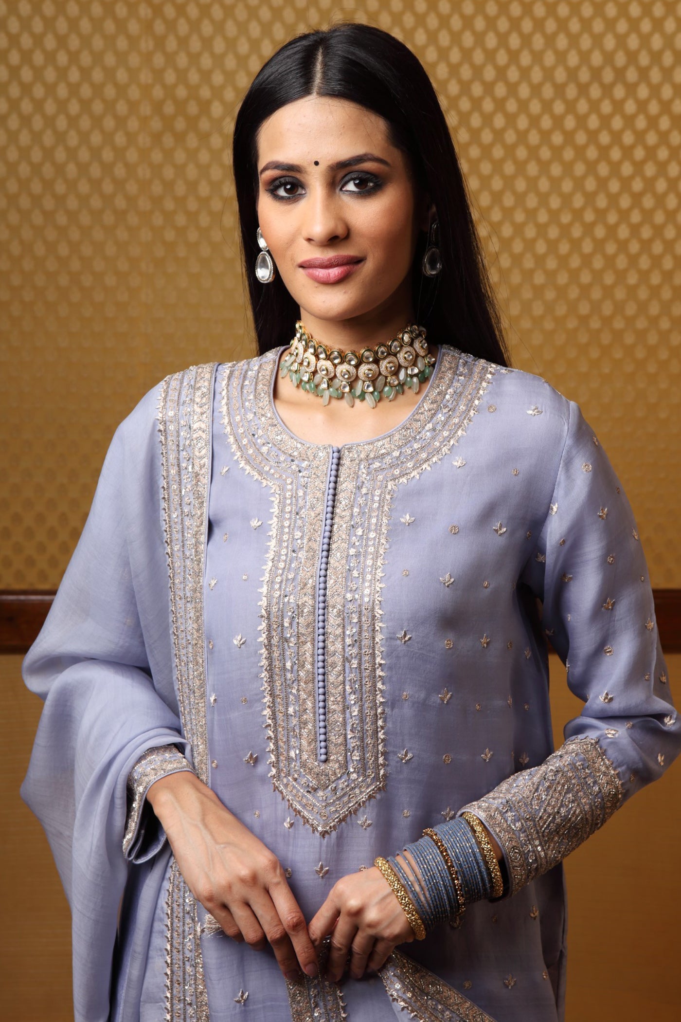 Handembroidered Lightblue Pure Katansilk Kurtafarshi Pants Set