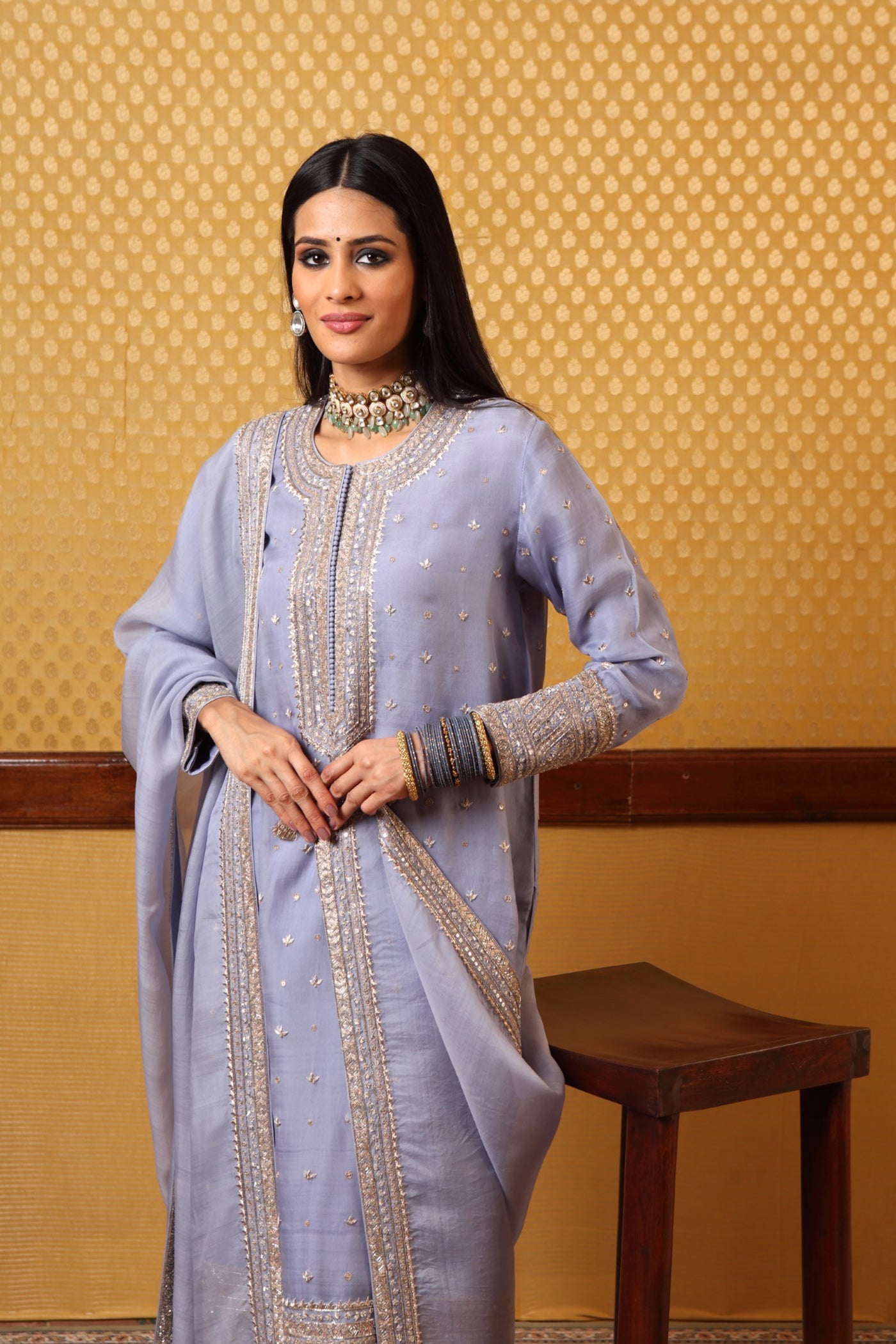 Handembroidered Lightblue Pure Katansilk Kurtafarshi Pants Set
