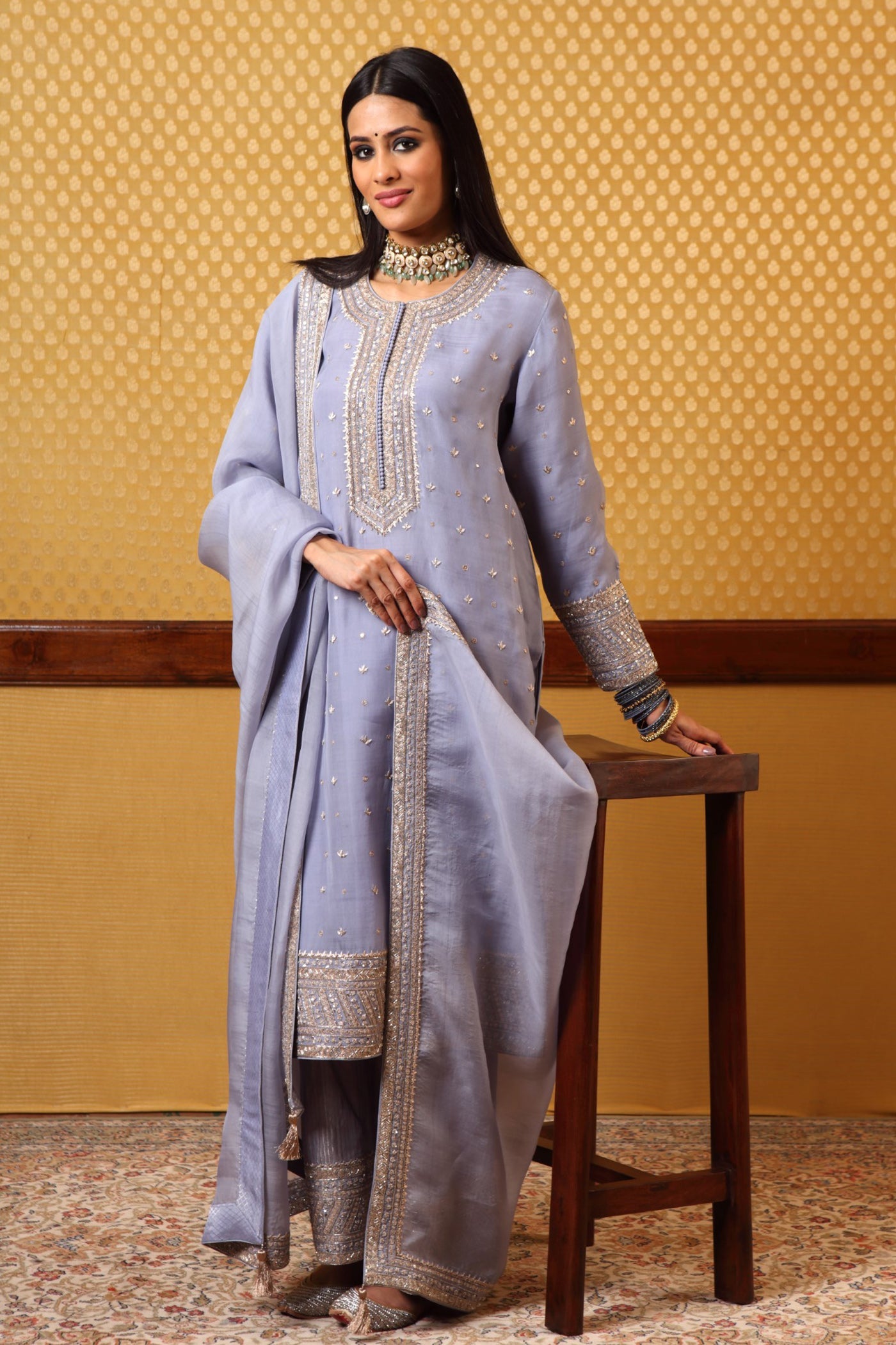 Handembroidered Lightblue Pure Katansilk Kurtafarshi Pants Set
