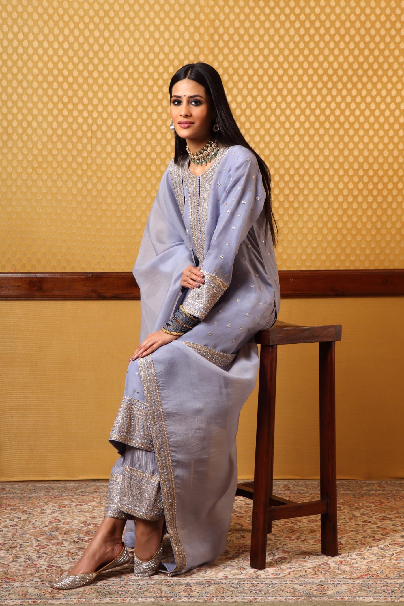 Handembroidered Lightblue Pure Katansilk Kurtafarshi Pants Set