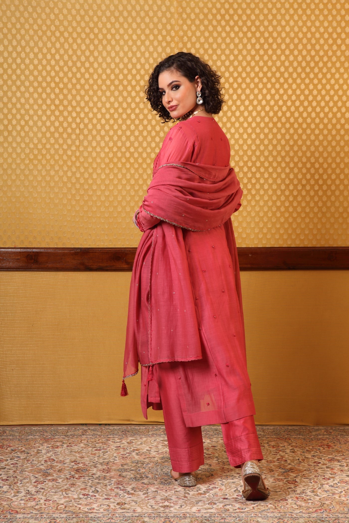 Hand Embroidered Cranberryred Pure Silkcotton Kurta Pants Set