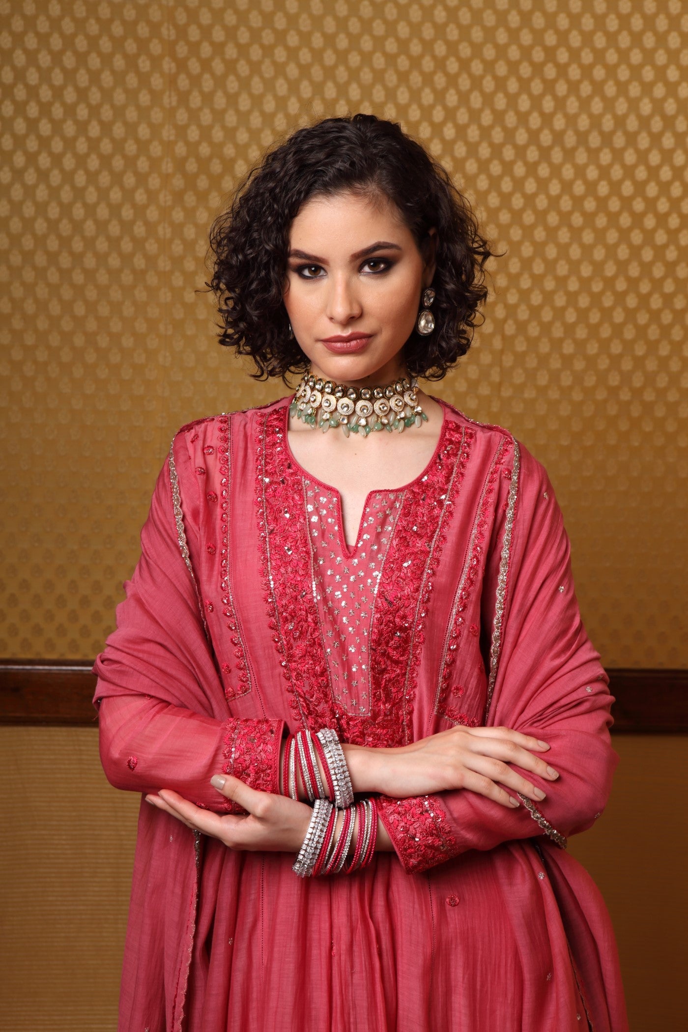 Hand Embroidered Cranberryred Pure Silkcotton Kurta Pants Set