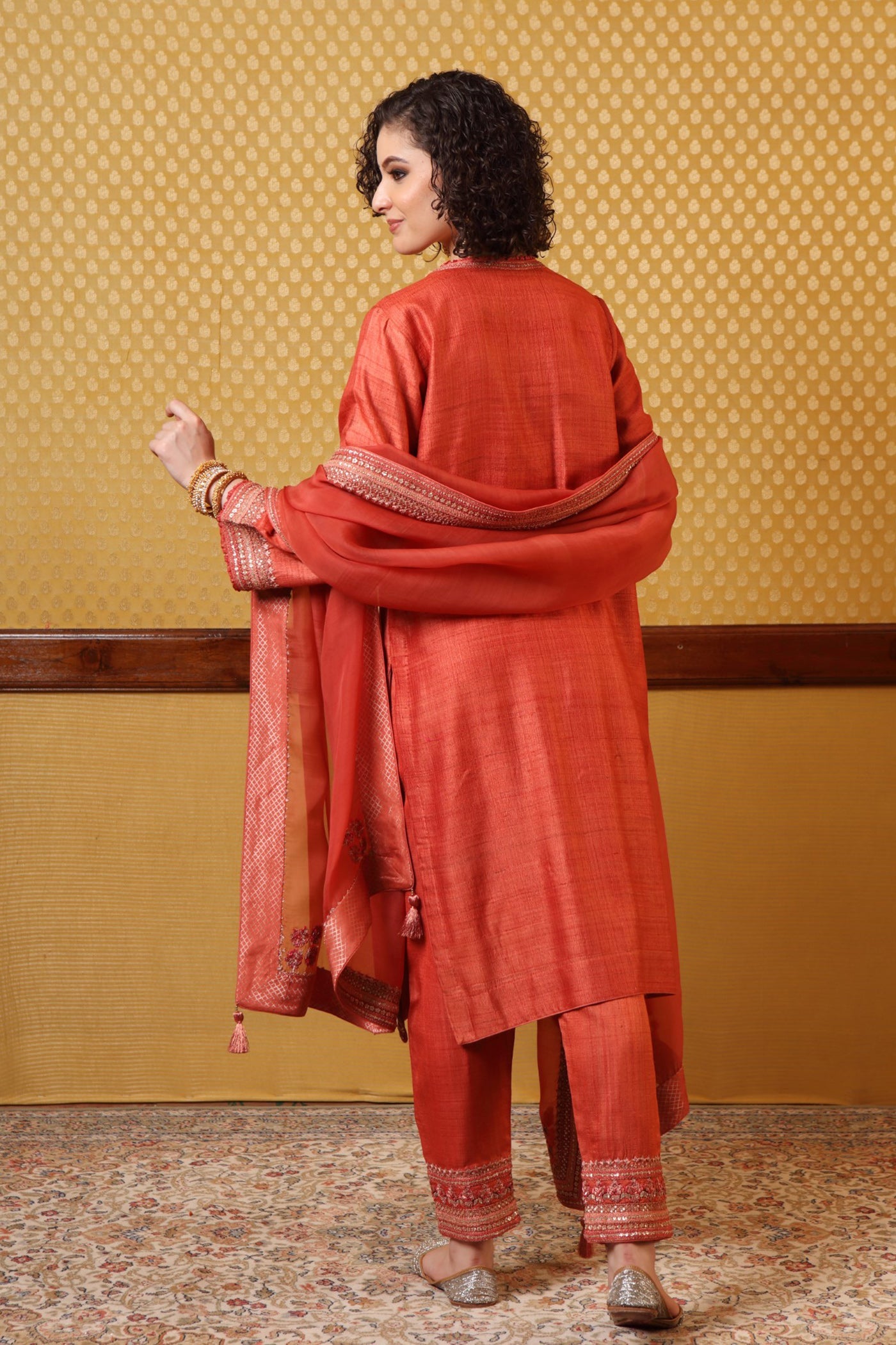 Handembroidered Burntpeach Pure Tussargeorgette Kurtapants Set
