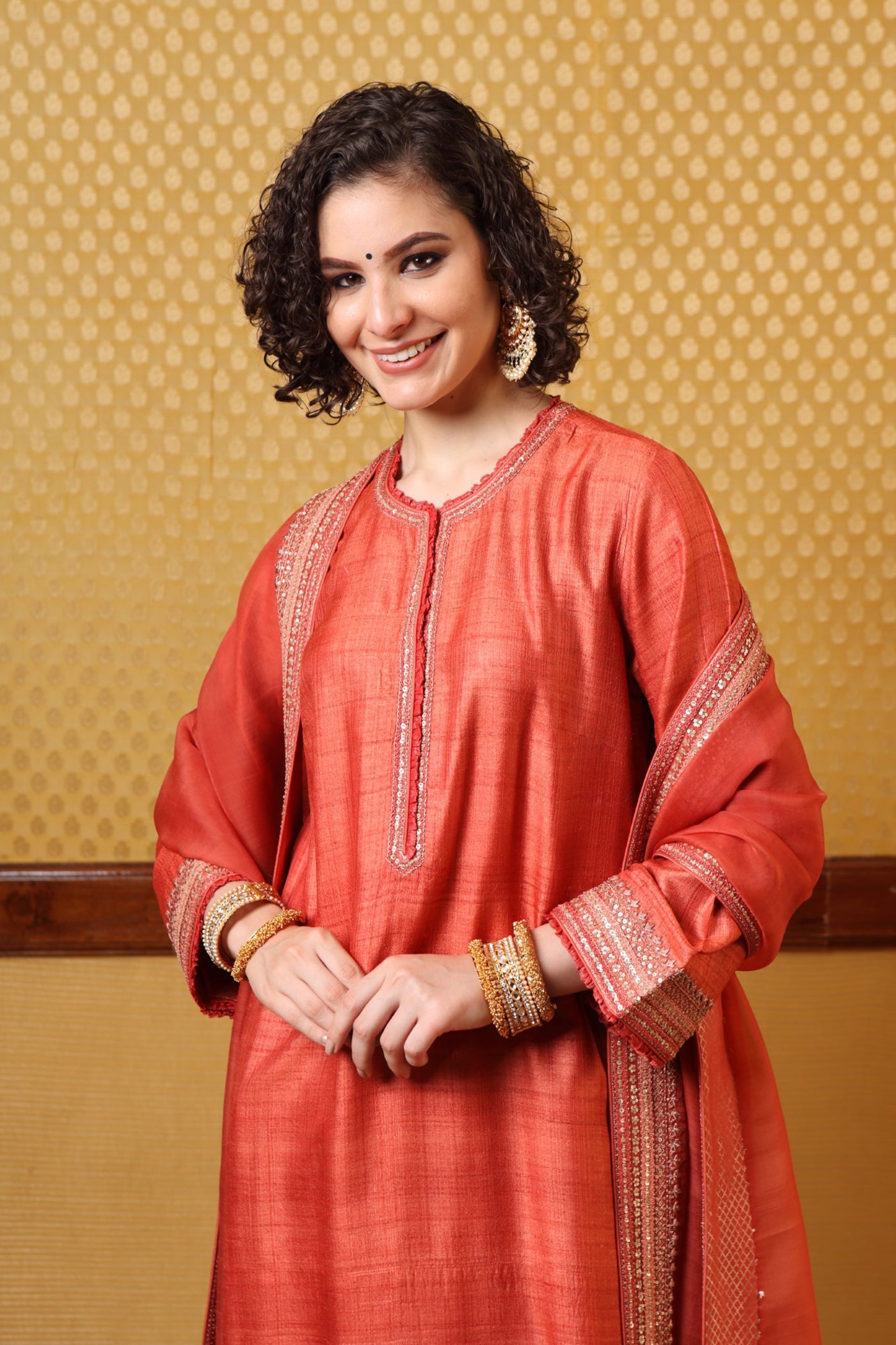 Handembroidered Burntpeach Pure Tussargeorgette Kurtapants Set