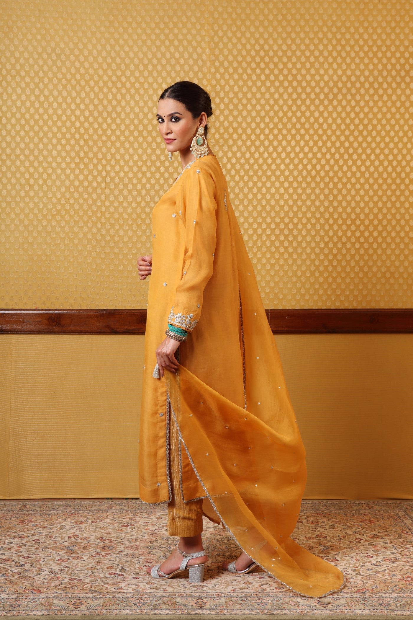 Hand Embroidered Mangoyellow Pure Katansilk Kurta Pants Set
