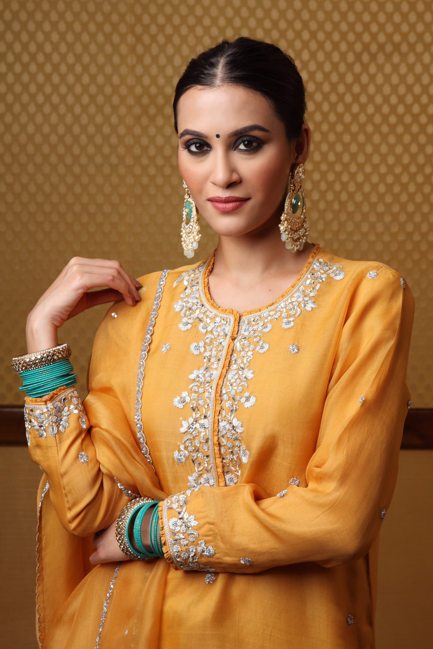 Hand Embroidered Mangoyellow Pure Katansilk Kurta Pants Set