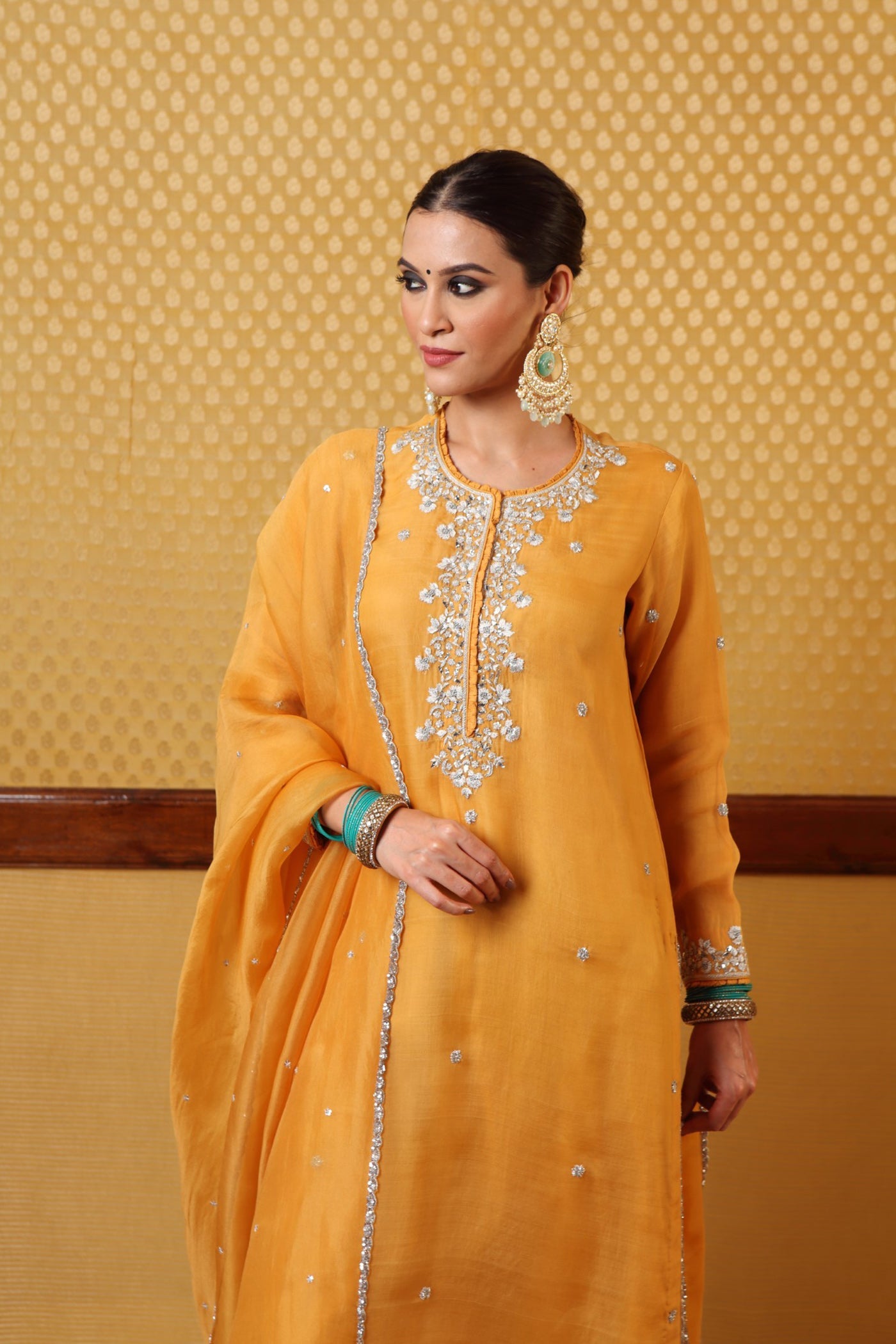 Hand Embroidered Mangoyellow Pure Katansilk Kurta Pants Set