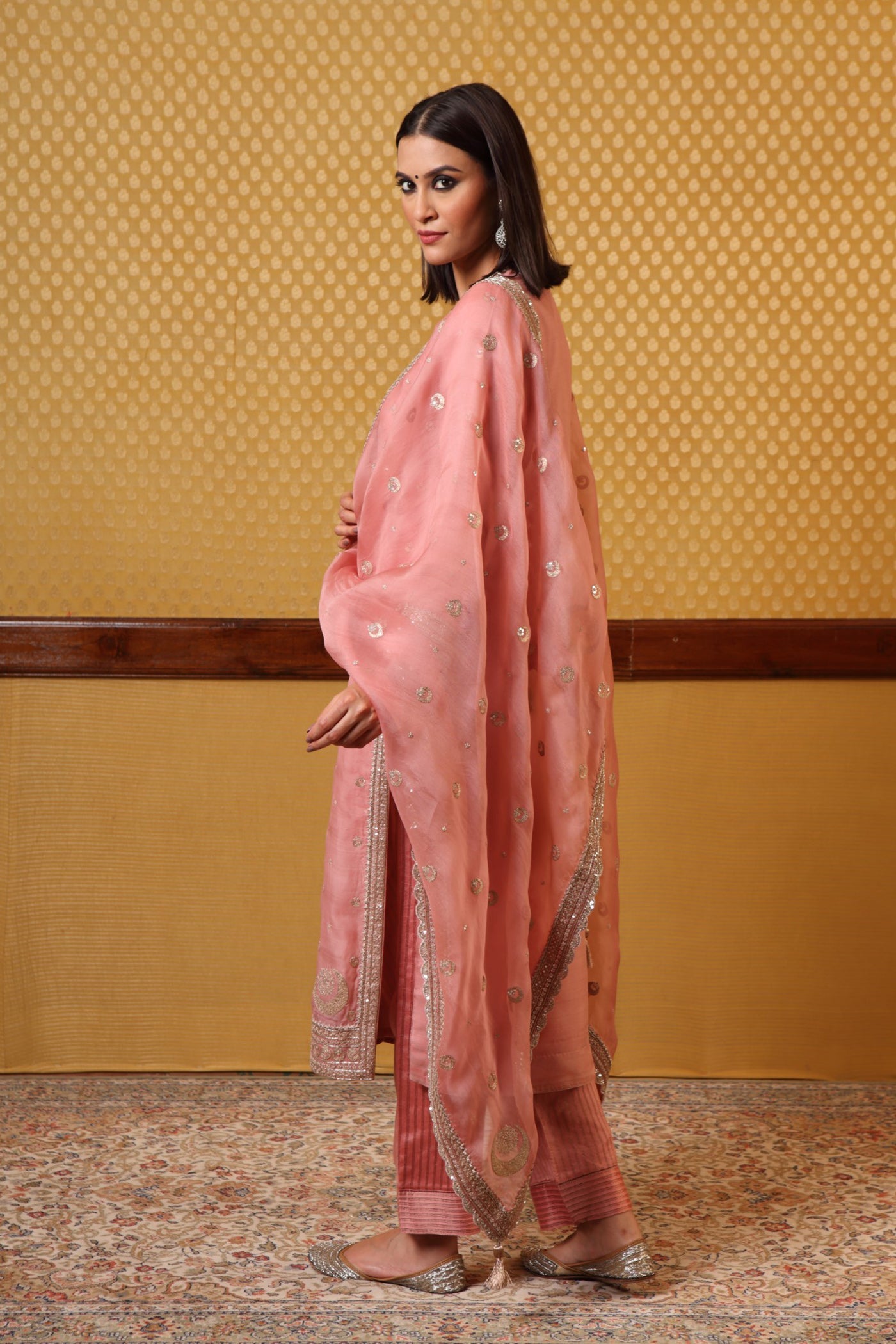 Handembroidered Dustypink Pure Katansilk Kurtapants Set